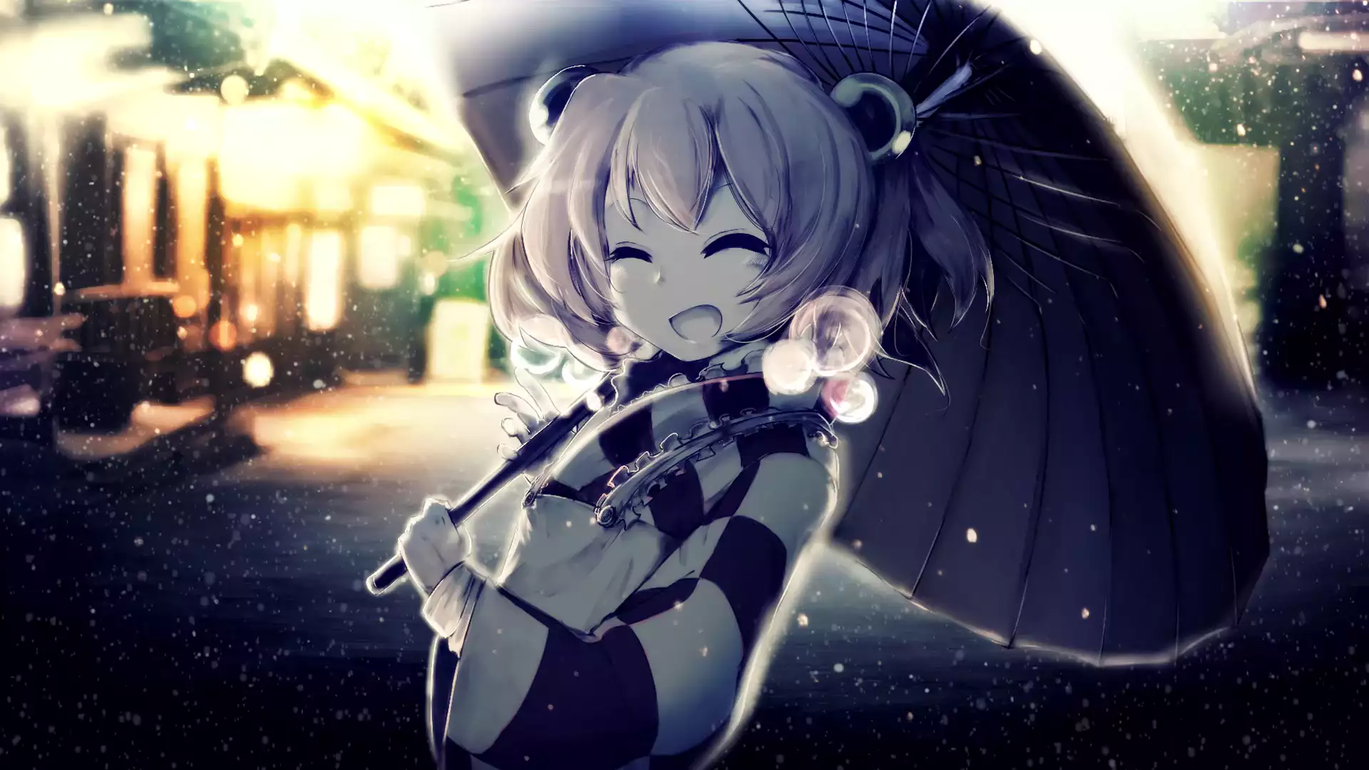 umbrella, winter, nice girl, snow, the city at night, arts, street, chan, cities, anime girls, night, anime Live Wallpaper
