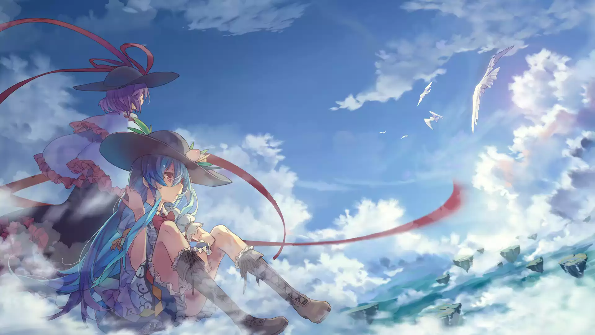 anime, dress, anime girls, tenshi hinanawi, games, arts, iku nagae, sky, beautiful girl, touhou, nice girl, bird, touhou project Live Wallpaper