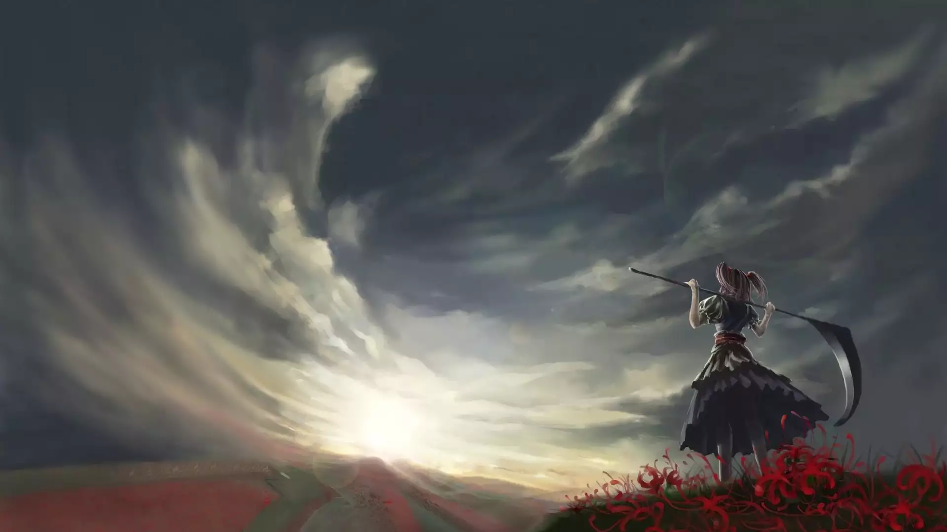 anime girls, flowers, scythe, arts, landscapes - nature, glade of flowers, touhou sangetsusei, anime, komachi onozuka Live Wallpaper
