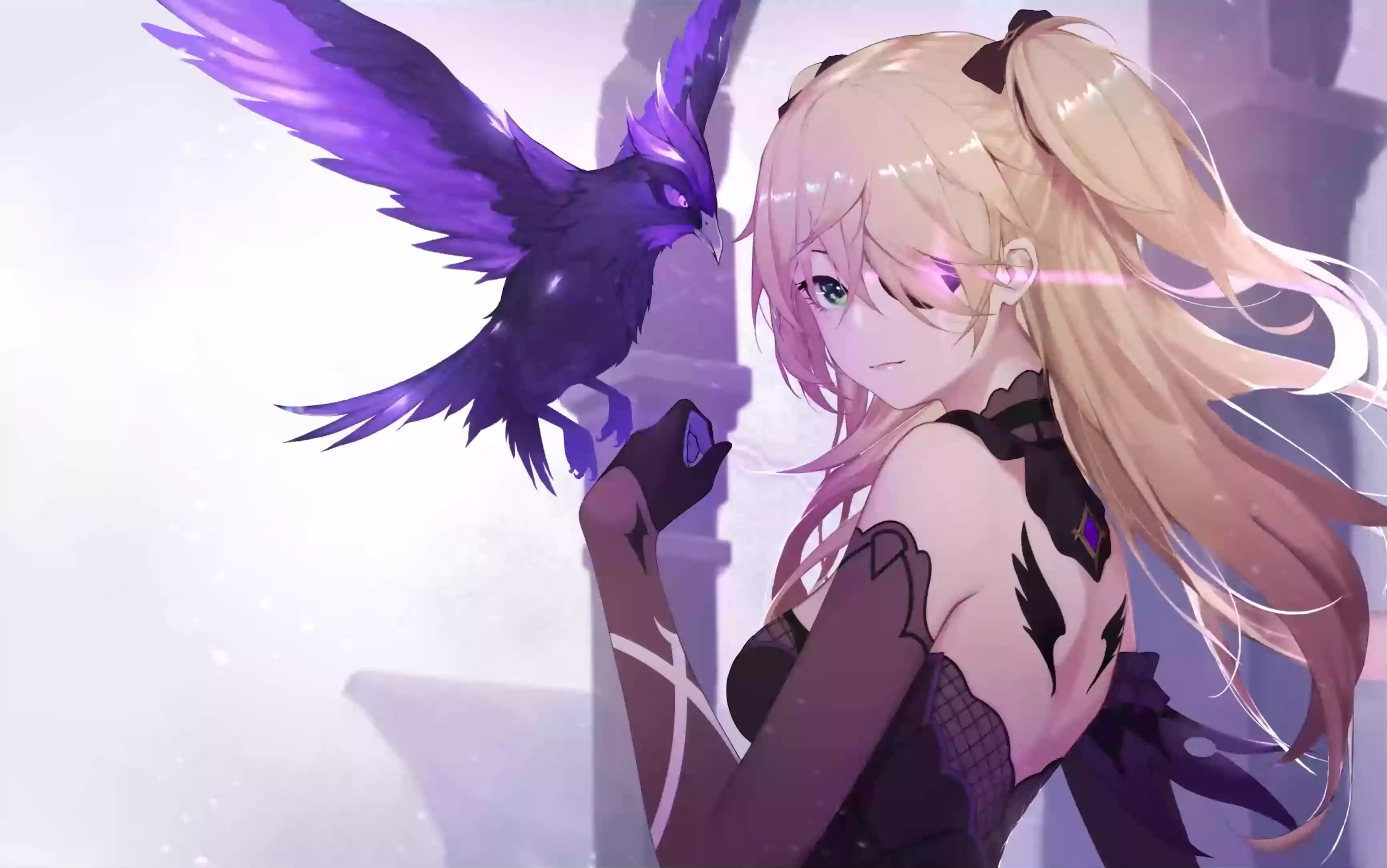 anime girls, genshin impact, arts, feathers, games, fischl, beautiful girl, anime, raven, bird, eye patch, nice girl Live Wallpaper