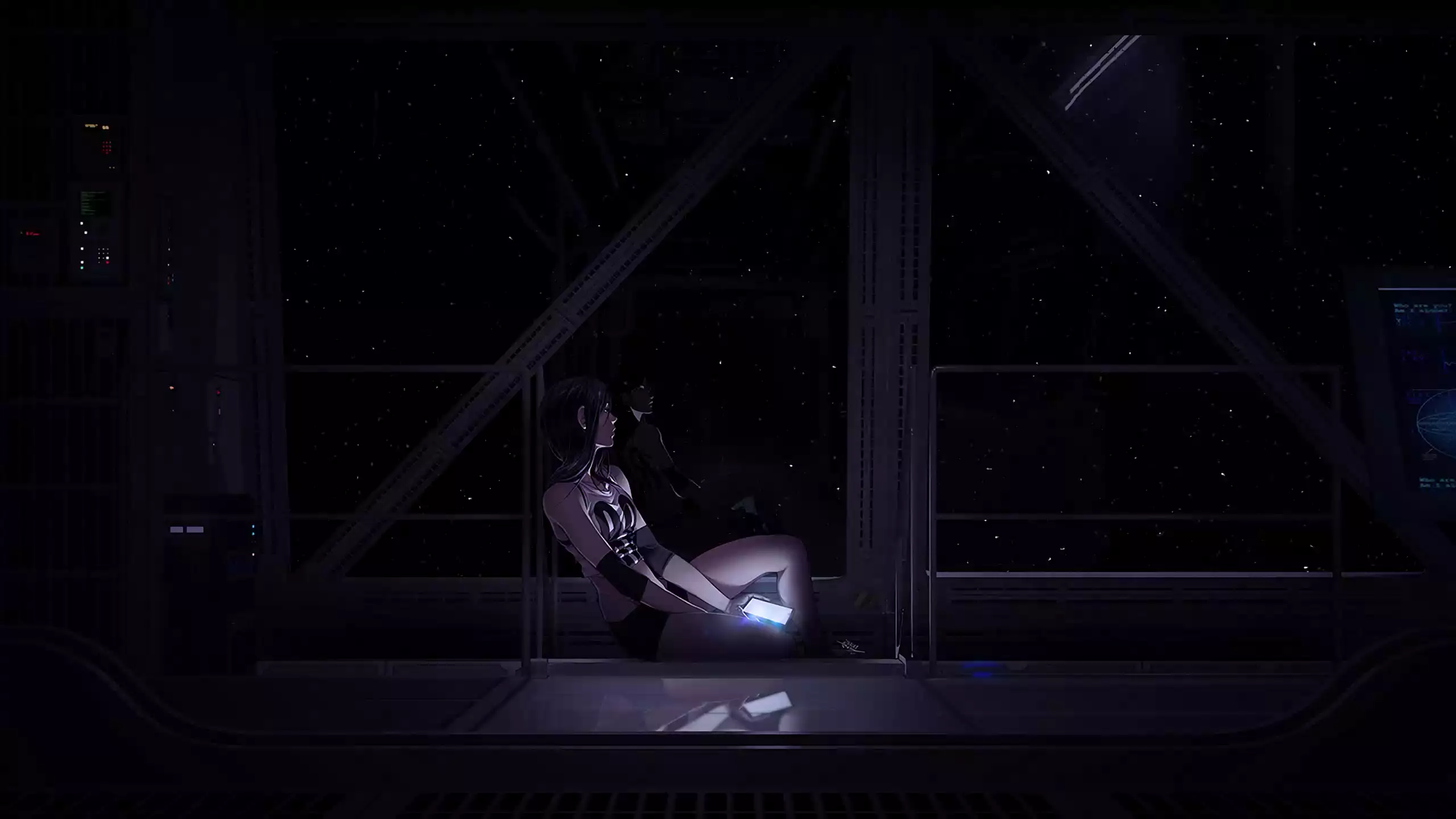 black hair, loneliness, sadness, arts, space, anime girls, the spaceship, anime Live Wallpaper