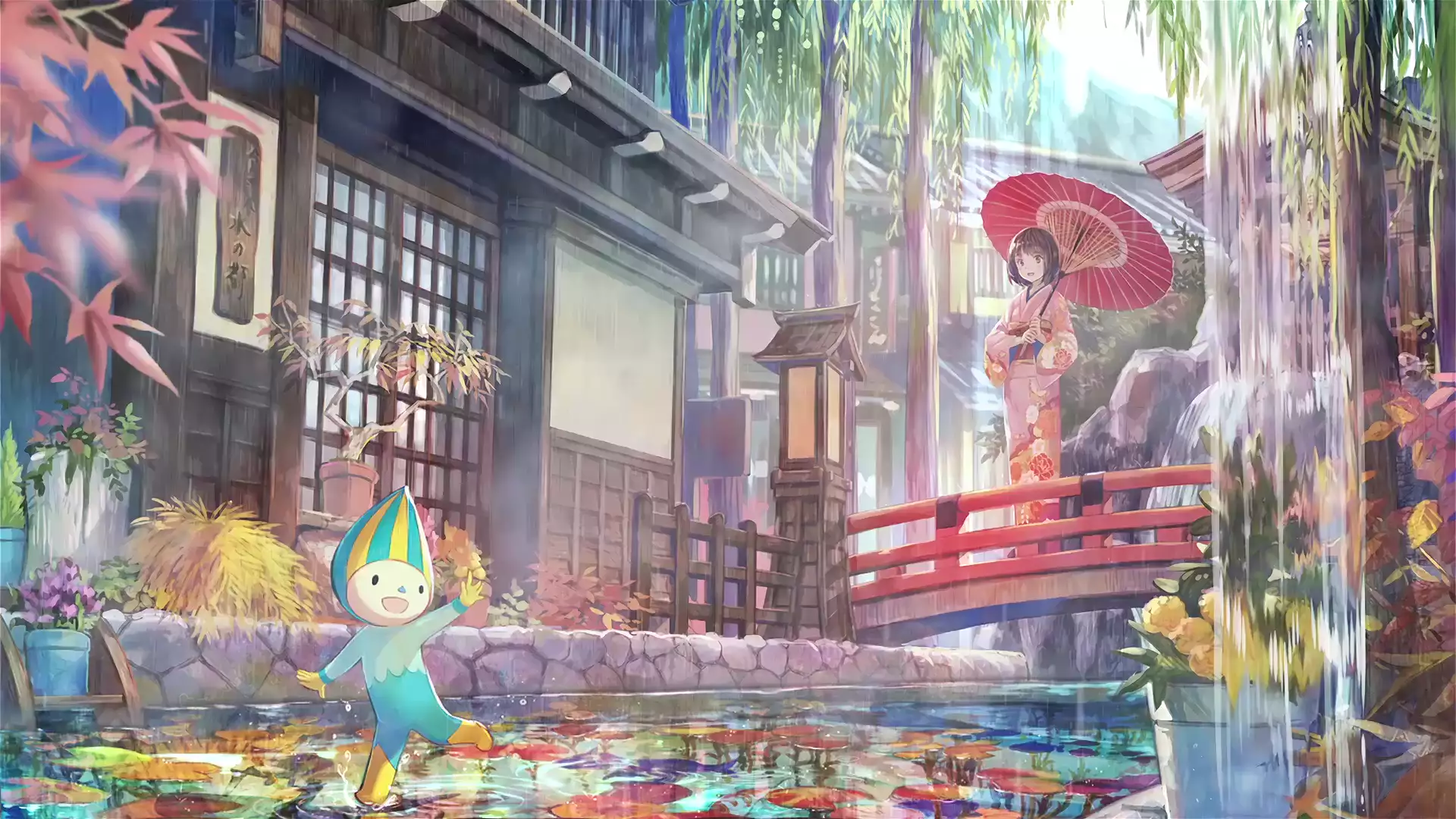 pond, umbrella, anime girls, arts, flowers, rain, anime, yukata Live Wallpaper