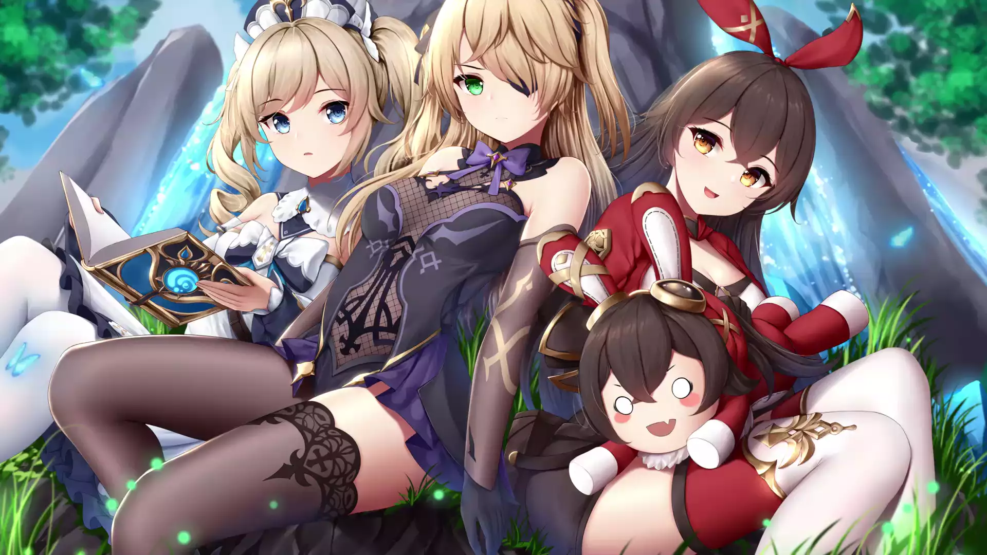 fischl, genshin impact, butterflies, tights, anime girls, barbara, games, amber, waterfall, anime, stockings, arts Live Wallpaper