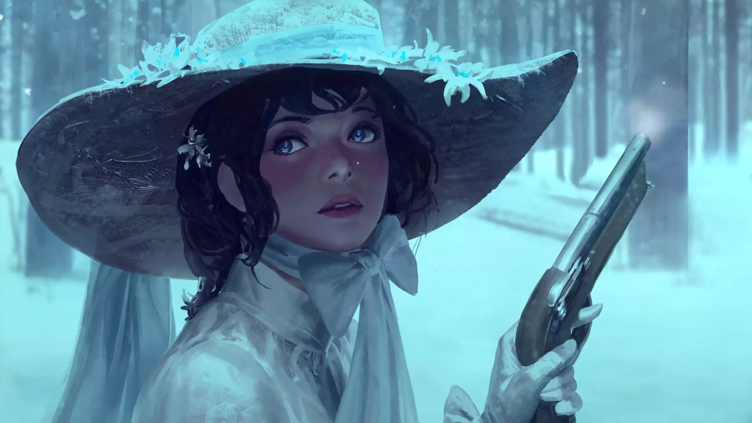 guweiz, arts, anime girls, forest, winter is here, weapon, tree, snow, winter, anime Live Wallpaper