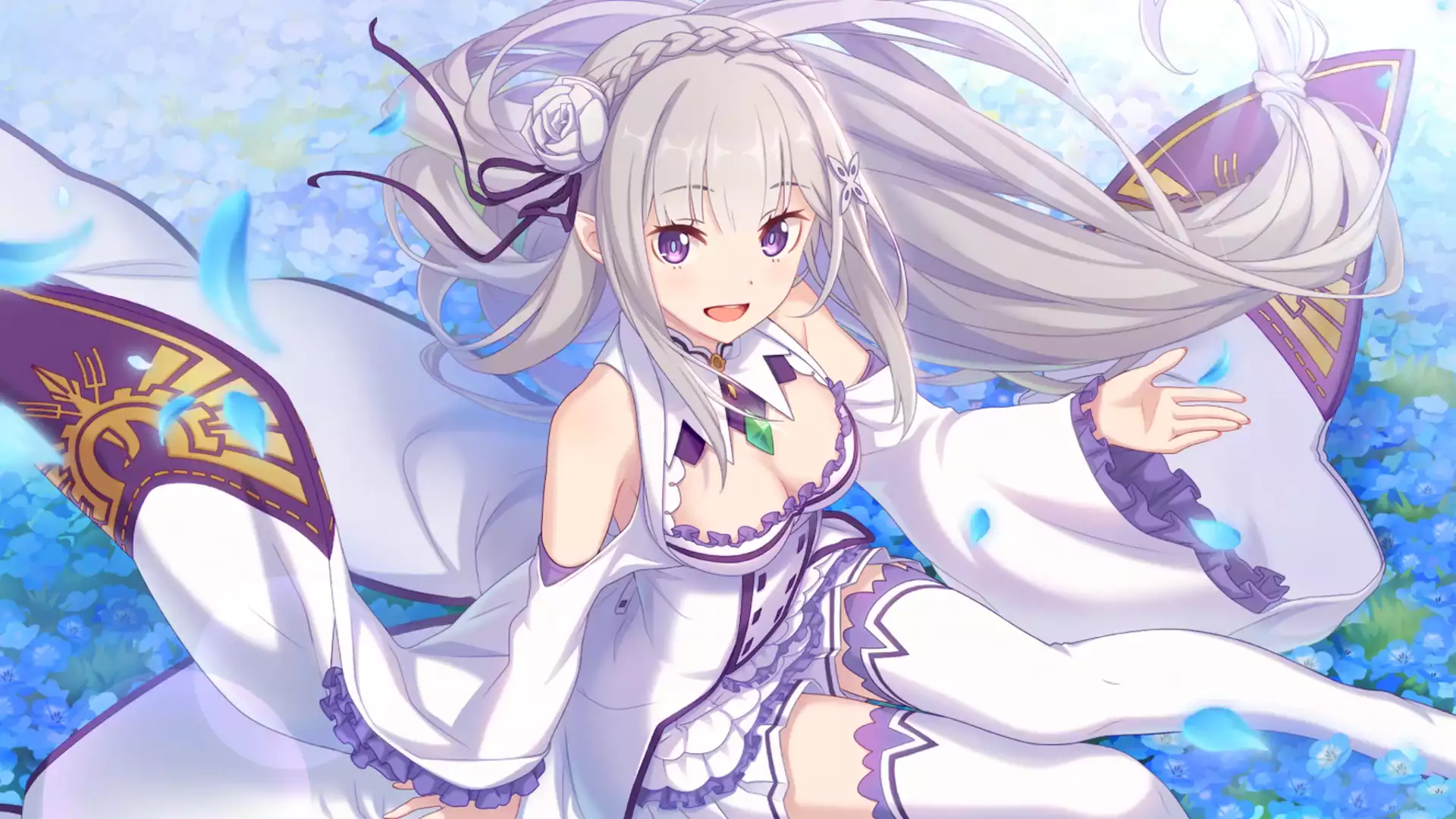 emilia, arts, long hair, purple eyes, blond hair, flowers, anime, re:zero, elf, silver hair, glade of flowers, anime girls, petals Live Wallpaper