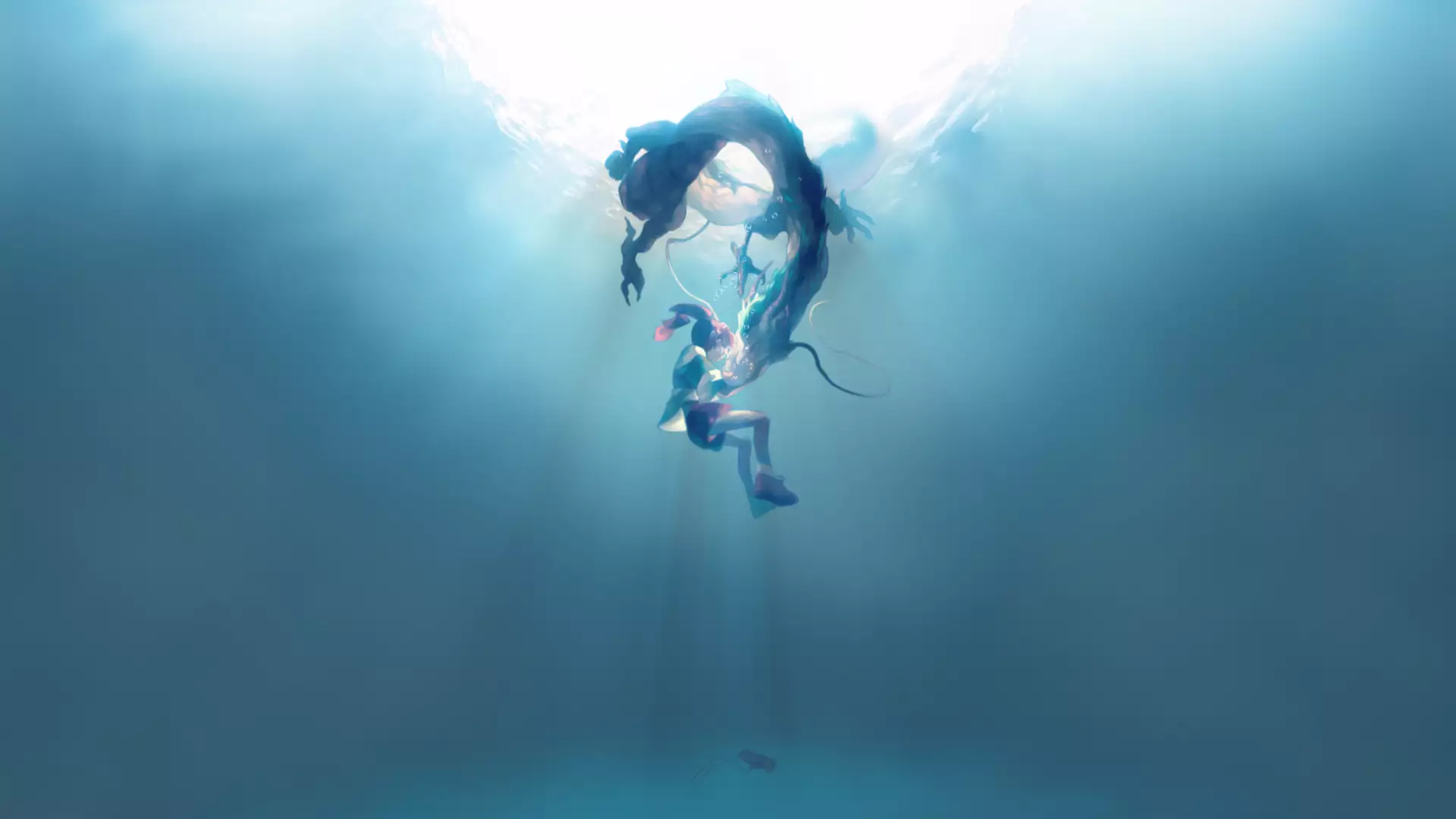 anime, arts, chihiro ogino, spirited away, water, haku, sinking, carried away by ghosts, animals, anime girls, dragon Live Wallpaper