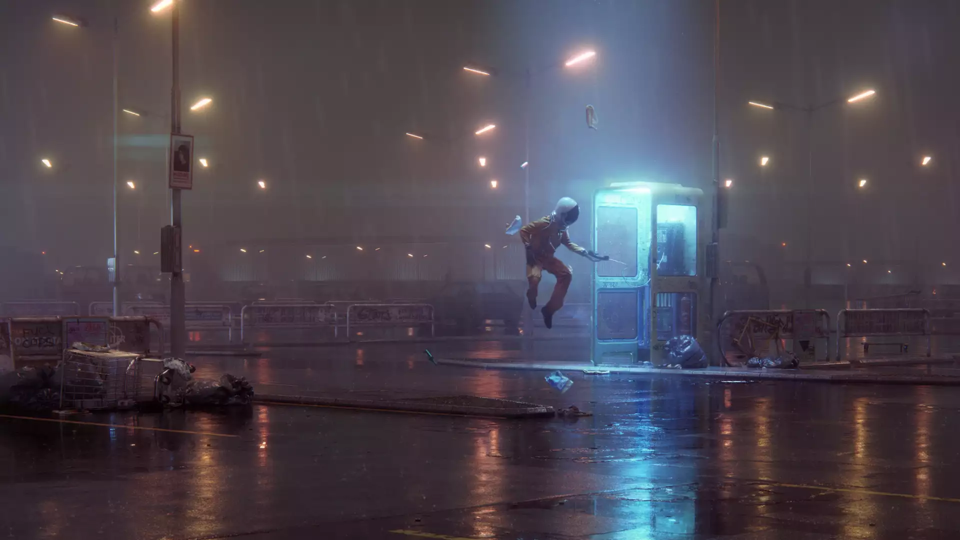 astronaut, flying, street, rain, cornelius dammrich, soaring, night, weightlessness, arts Live Wallpaper