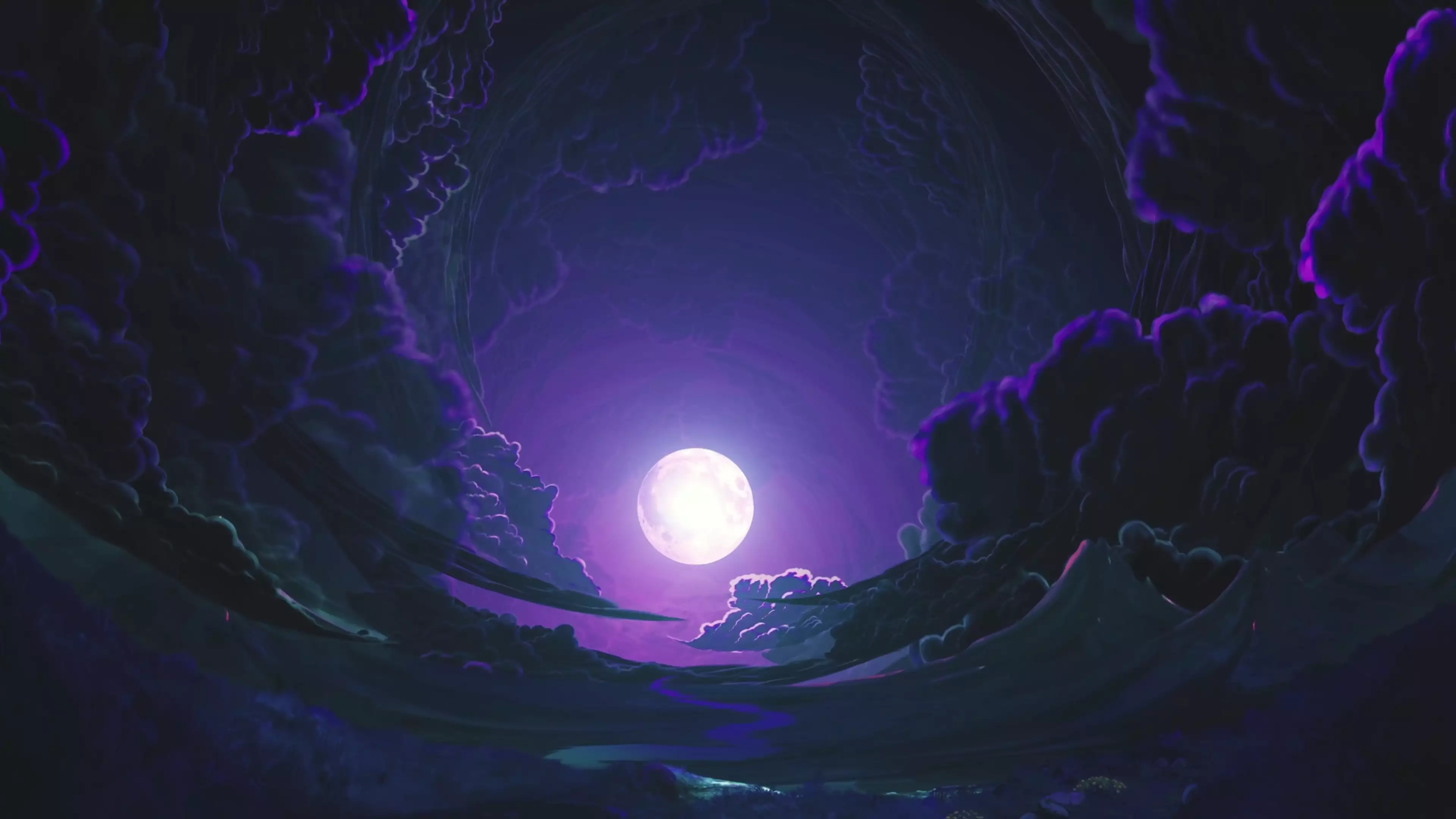 full moon, moon, clouds, purple sky, night sky, arts, landscapes - nature, the clouds, dark night Live Wallpaper