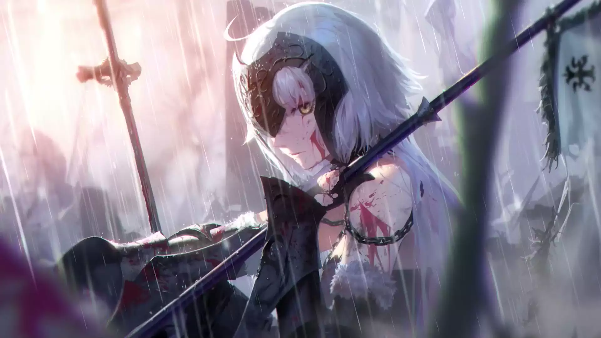 steering wheel, blood, anime girls, joan of arc, games, battlefield, jeanne darc, arts, anime, fate, rain Live Wallpaper