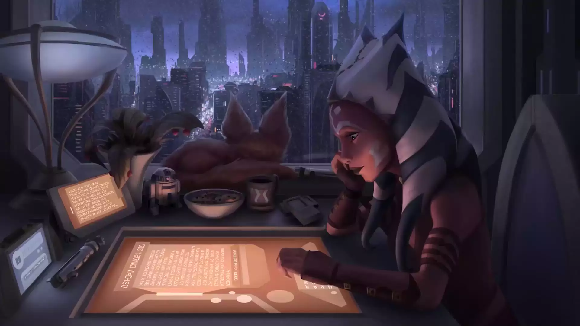 20 dbya, rain, cities, star wars, ahsoka tano, ahsoka, the city from the window, anime girls, arts, anime, the city at night, night, room, by the window Live Wallpaper