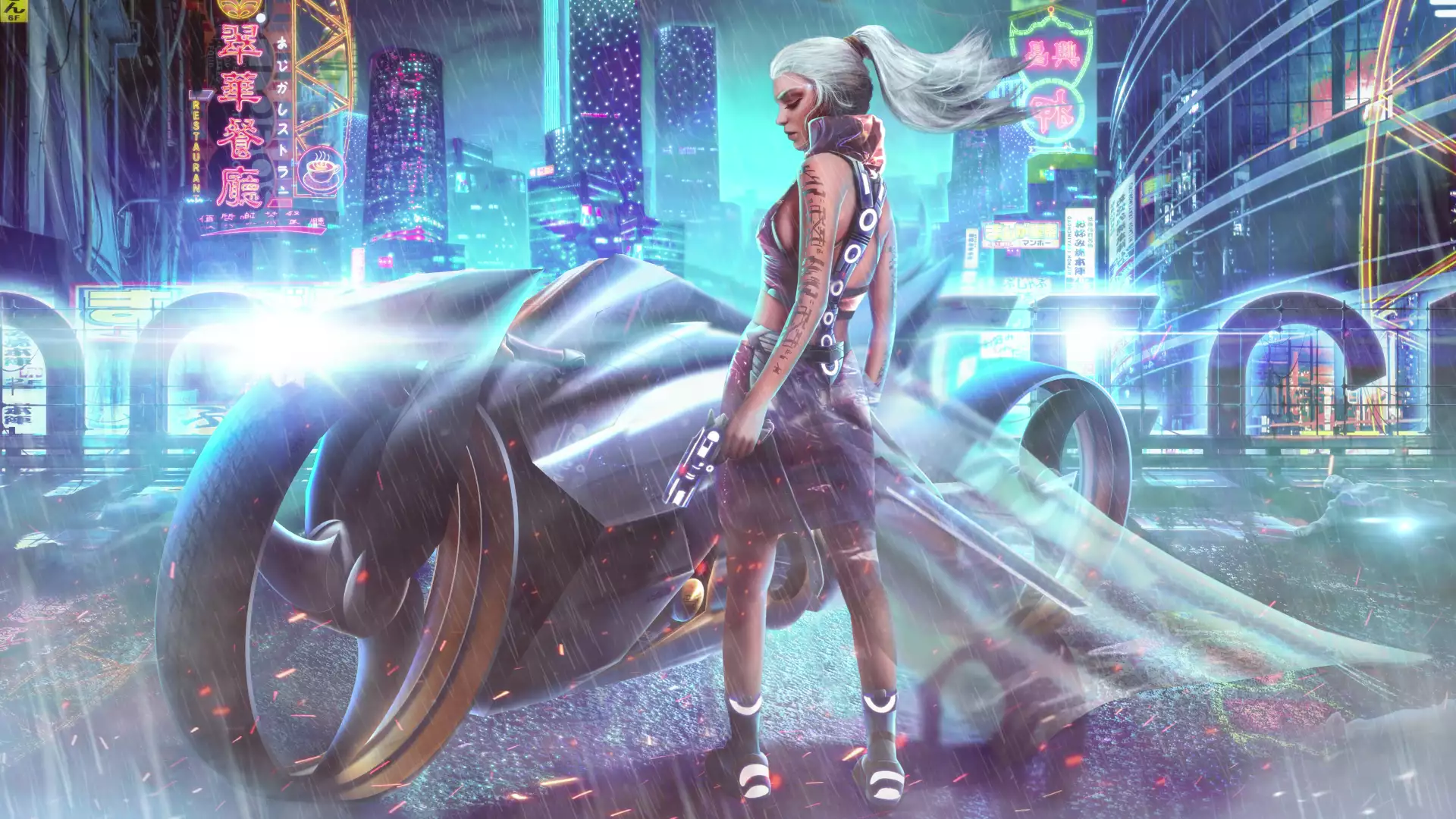 anime, anime girls, neon, auto - moto, rain, cities, bike, evening, weapon, cyberpunk, arts Live Wallpaper