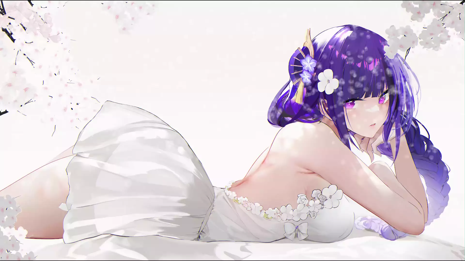 white dress, genshin impact, dress, anime, games, shogun raiden, flowers, raiden shogun, arts, nice girl, beautiful girl, anime girls Live Wallpaper