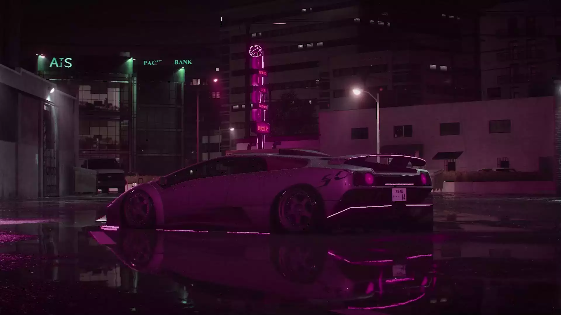lamborghini diablo, rain, puddle, lamborghini, the city at night, auto - moto, reflection, night, neon, cities Live Wallpaper