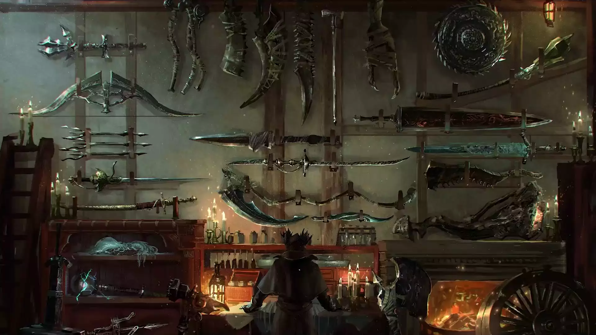 scythe, onion, sword, shild, room, weapon, arts Live Wallpaper