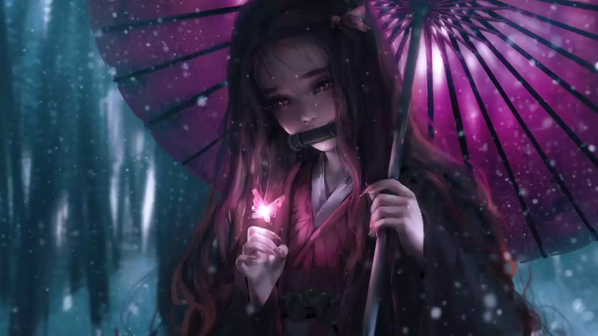 winter, anime girls, nice girl, nezuko kamado, arts, butterfly, umbrella, anime, demon slayer, snow Live Wallpaper