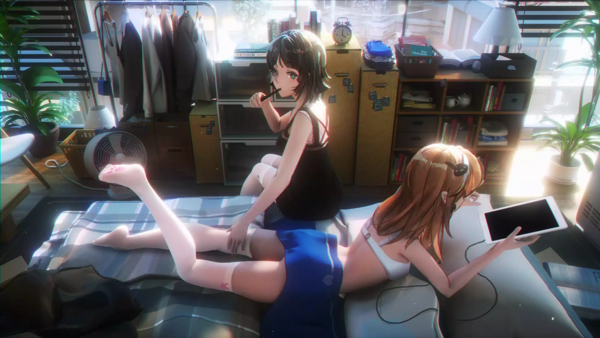 anime girls, lingerie, super mario, tablet, headphones, stroking the leg, anime, bra, stockings, fan, room, arts, mario, brassiere Live Wallpaper