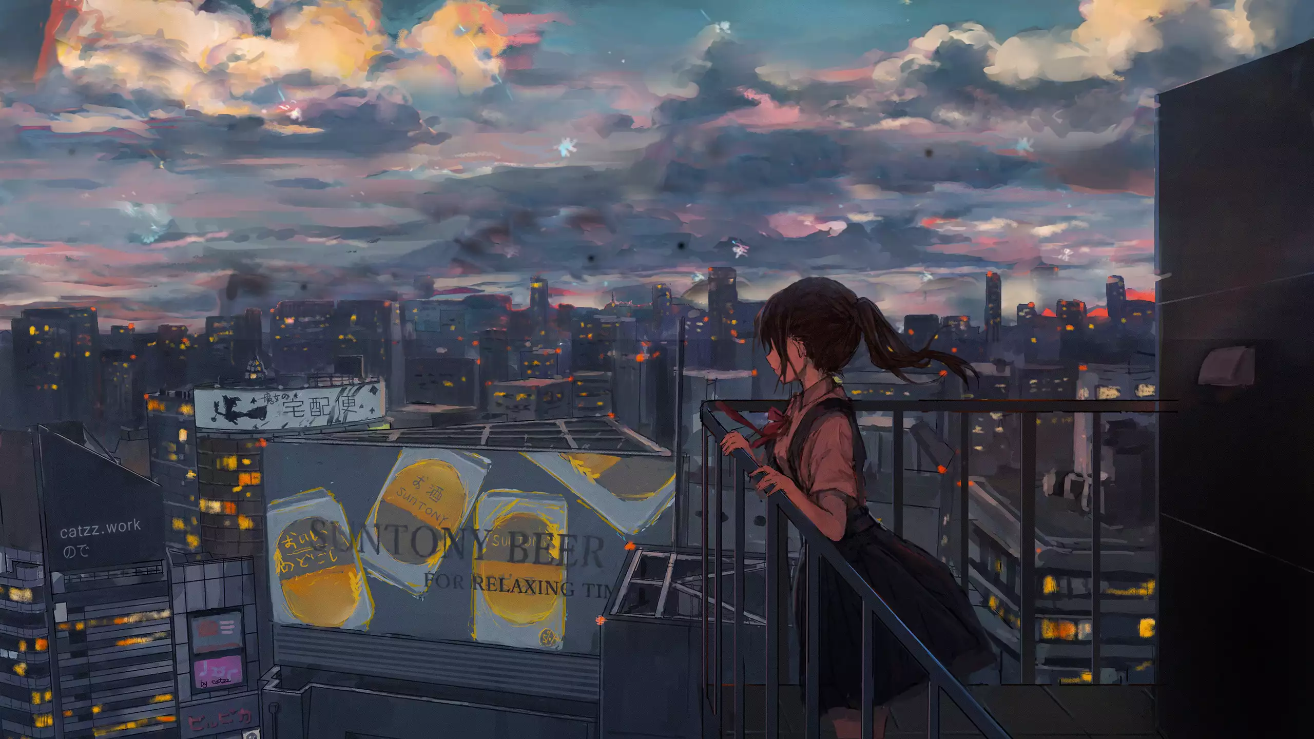 anime girl on the balcony, arts, roof, sky, partition, dark hair, long hair, cities, balcony, anime girls, anime, the girl on the roof Live Wallpaper