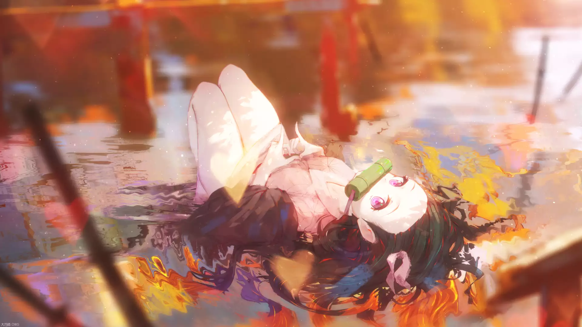 anime girls, reflection, demon slayer, lake, anime, arts, nezuko kamado, autumn Live Wallpaper
