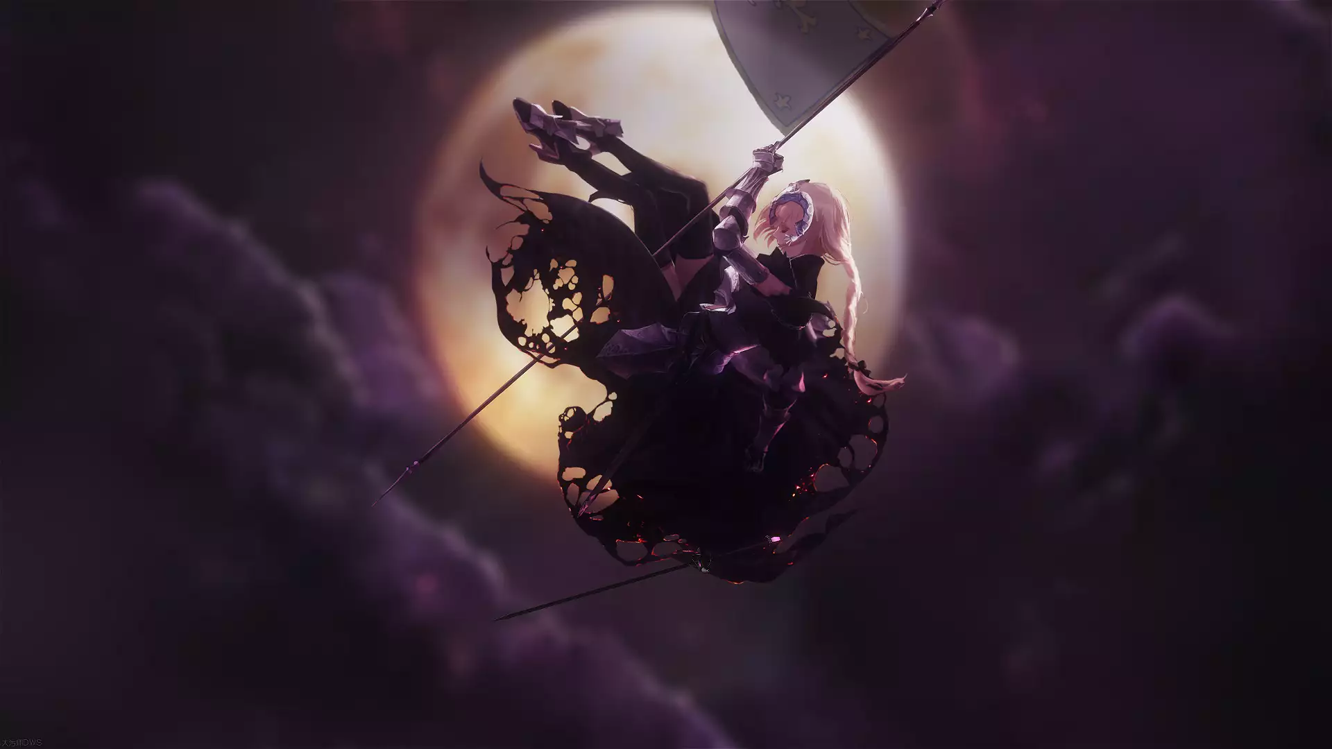 flag, steering wheel, fate-grand order, a fall, anime, moon, flying, full moon, soaring, fate, weightlessness, arts, jeanne darc, games, joan of arc, anime Live Wallpaper