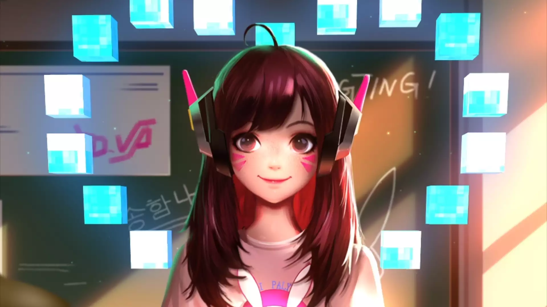 anime, smile, anime girls, overwatch, arts, blackboard, heart, graphics, diva, d.va, school, games, nice girl Live Wallpaper