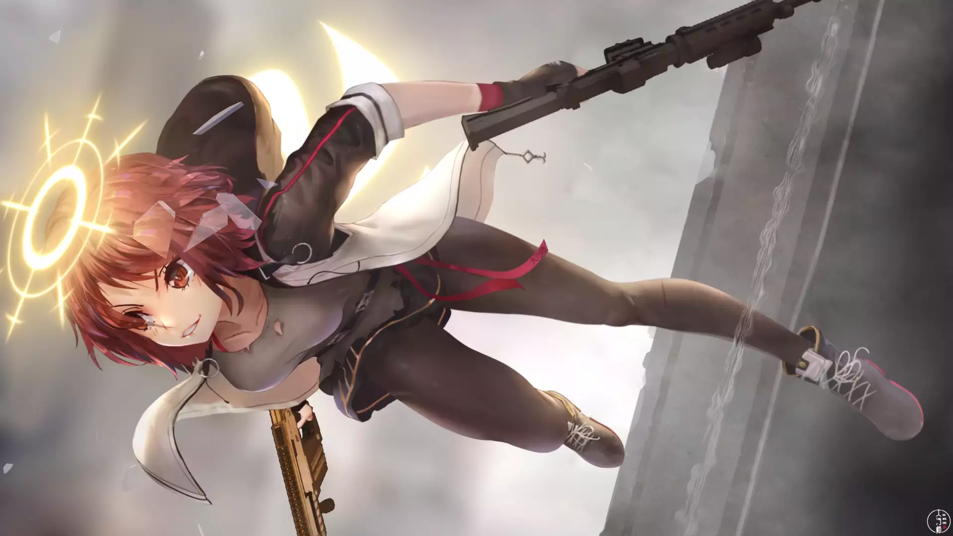 exusiai, a fall, fragments, tights, weightlessness, smile, bullets, skirt, games, anime, weapon, arts, arknights, halo, soaring, flying, anime girls Live Wallpaper