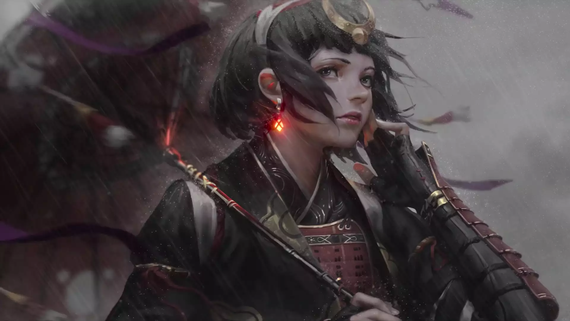 armor, anime girls, rain, guweiz, arts, samurai, umbrella, anime Live Wallpaper