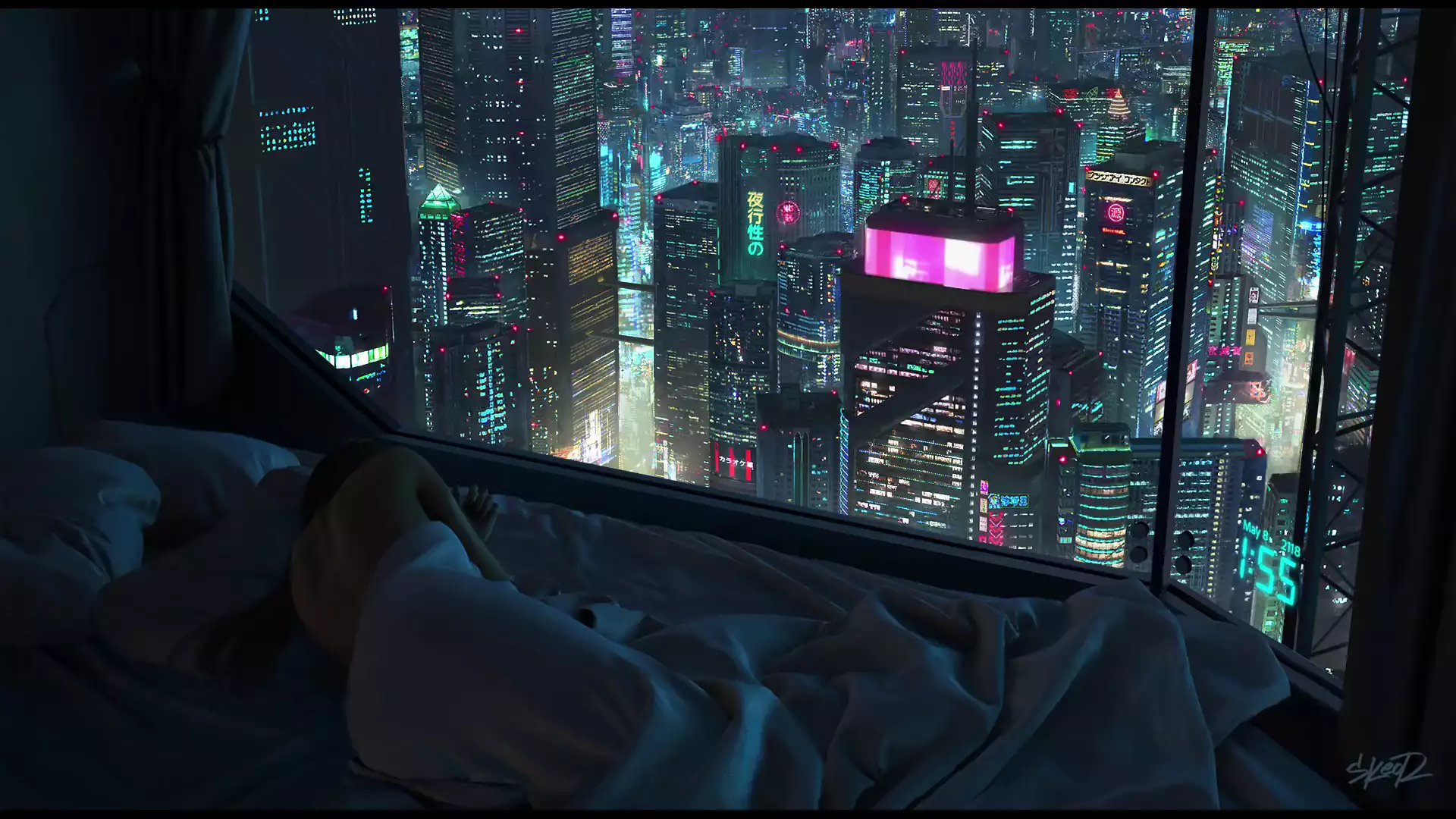 neon, the city at night, cyberpunk, room, night city, cities, rest, night, sleeping, arts, girls, graphics Live Wallpaper