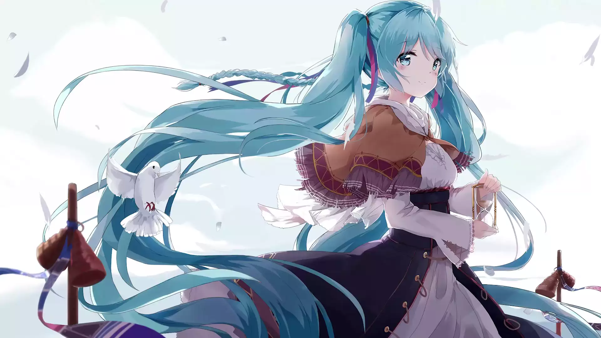 bird, anime girls, arts, feathers, nice girl, virtual singer, pigeons, miku hatsune, beautiful girl, vocaloid, anime Live Wallpaper