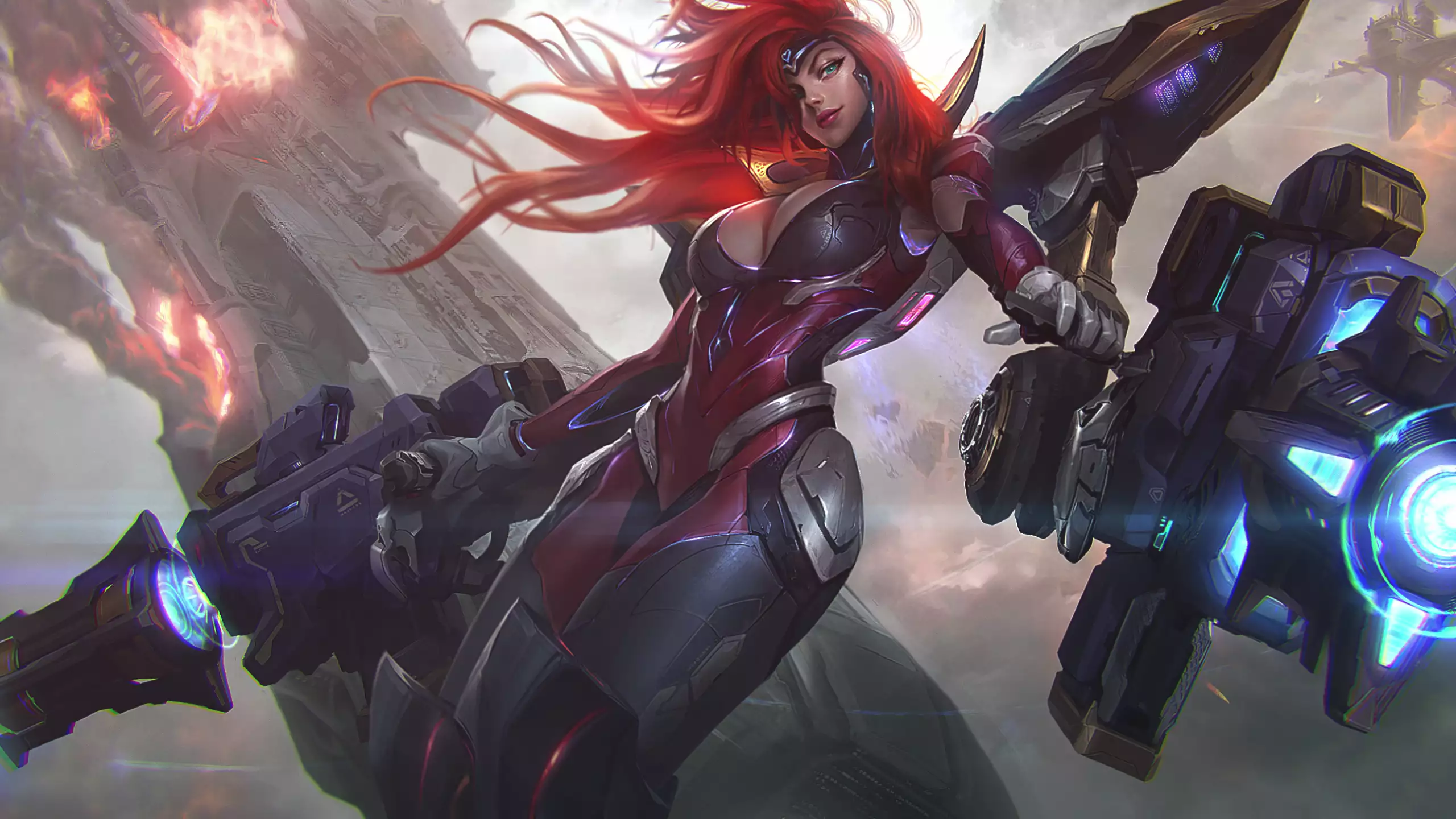games, gun goddess miss fortune, arts, the spaceship, weapon, anime, anime girls, beautiful girl, lol, fire, miss fortune, league of legends Live Wallpaper