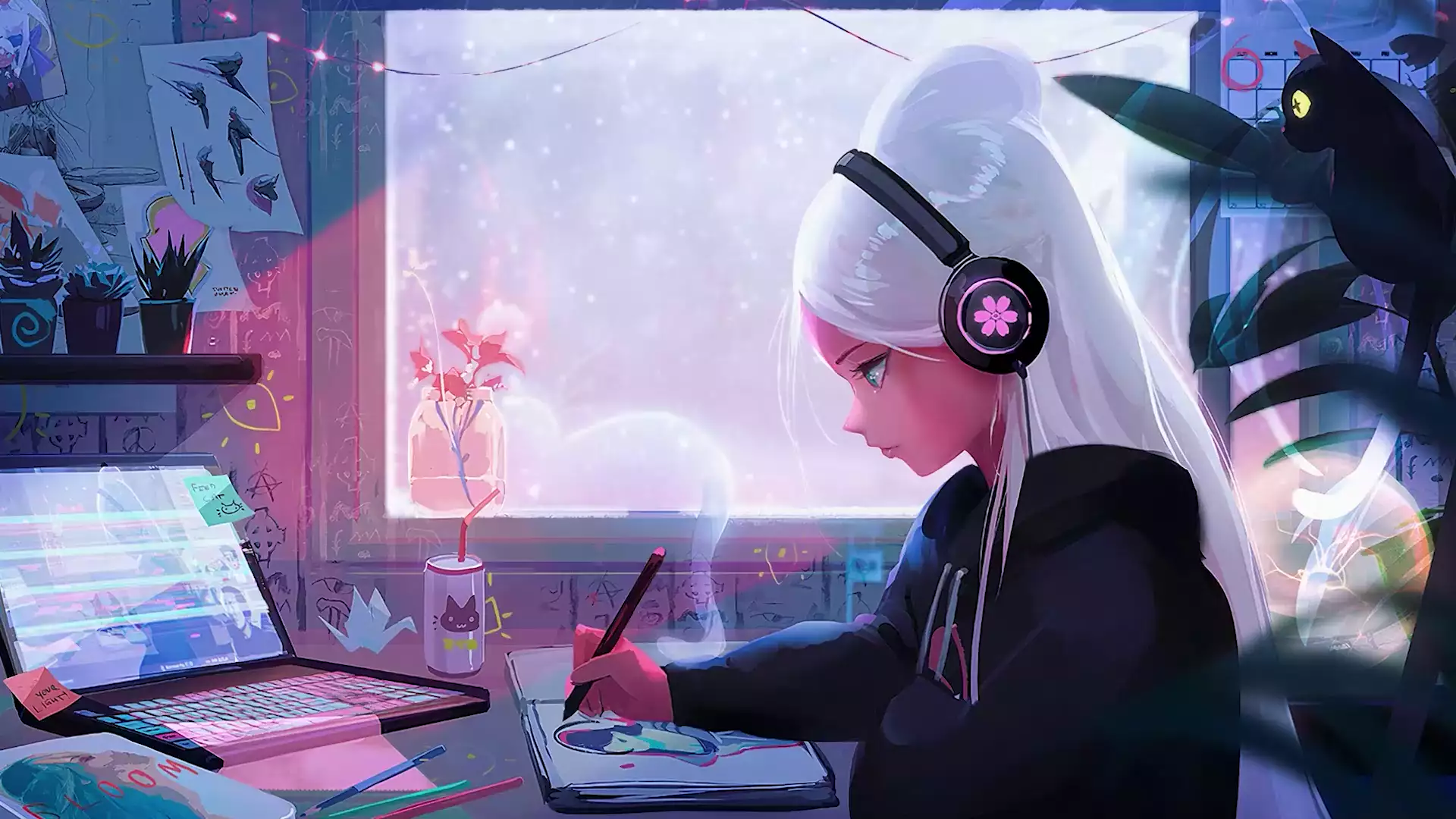 anime girls, anime, room, draws, arts, headphones, artist Live Wallpaper