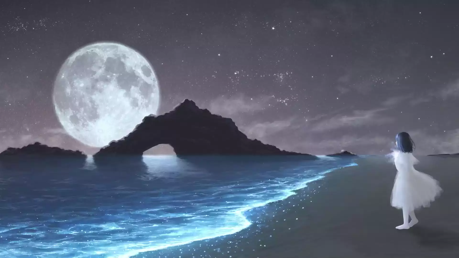 full moon, arts, girls, moon, sea, night Live Wallpaper