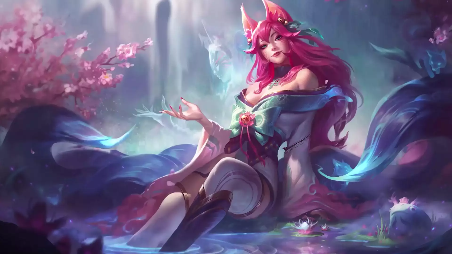 ahri, forest, anime, fairy forest, games, lol, the fox girl, ears, league of legends, nine - tailed fox, anime girls, arts, tail Live Wallpaper