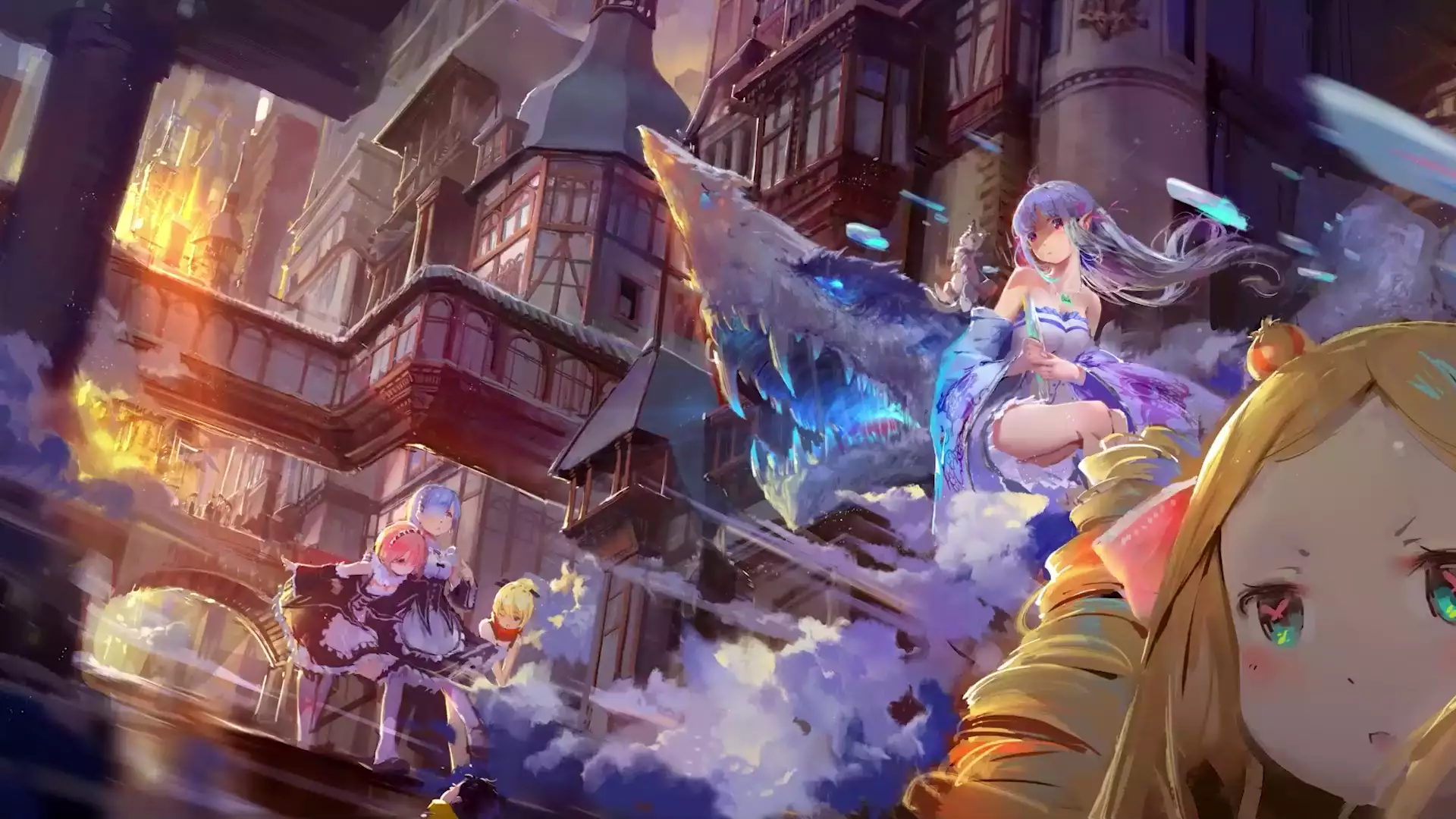 ram, felt, cities, emilia, arts, re:zero, rem, kingdom of lugunika, anime, anime girls, beatrice Live Wallpaper