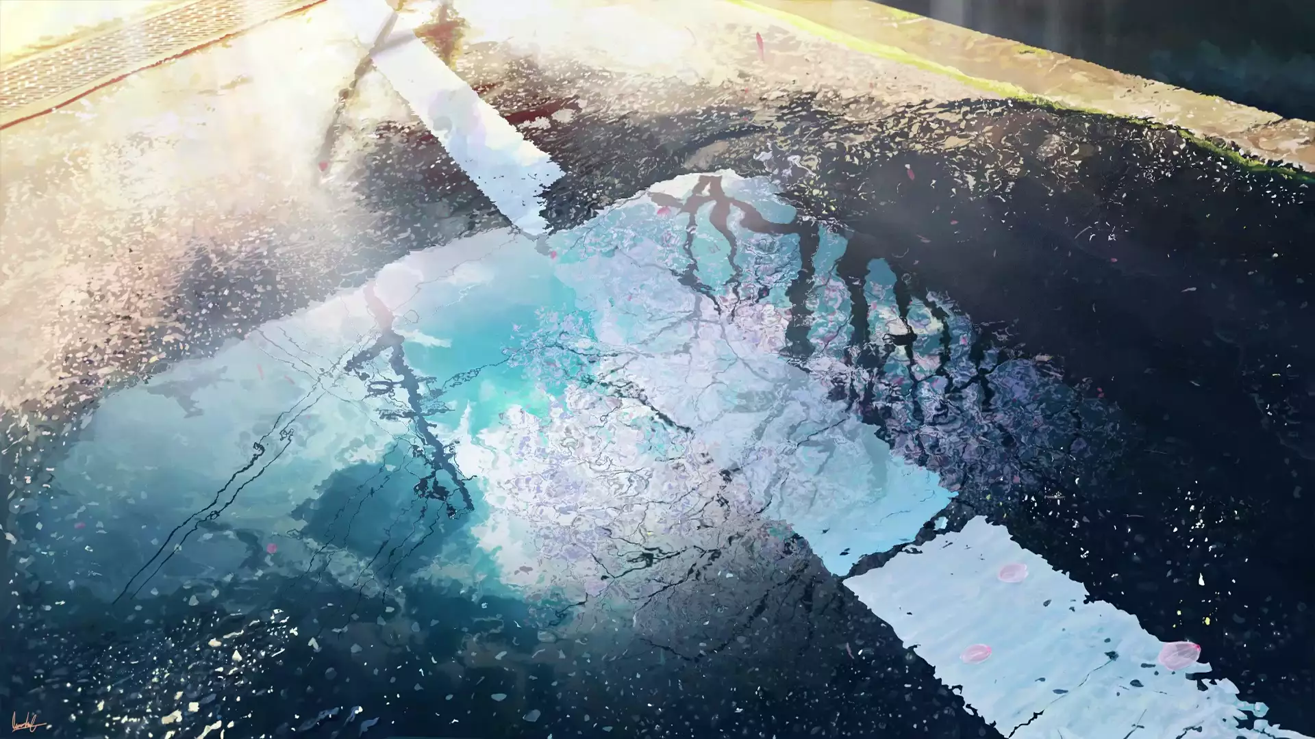 puddle, anime, road, reflection, arts, sakura Live Wallpaper