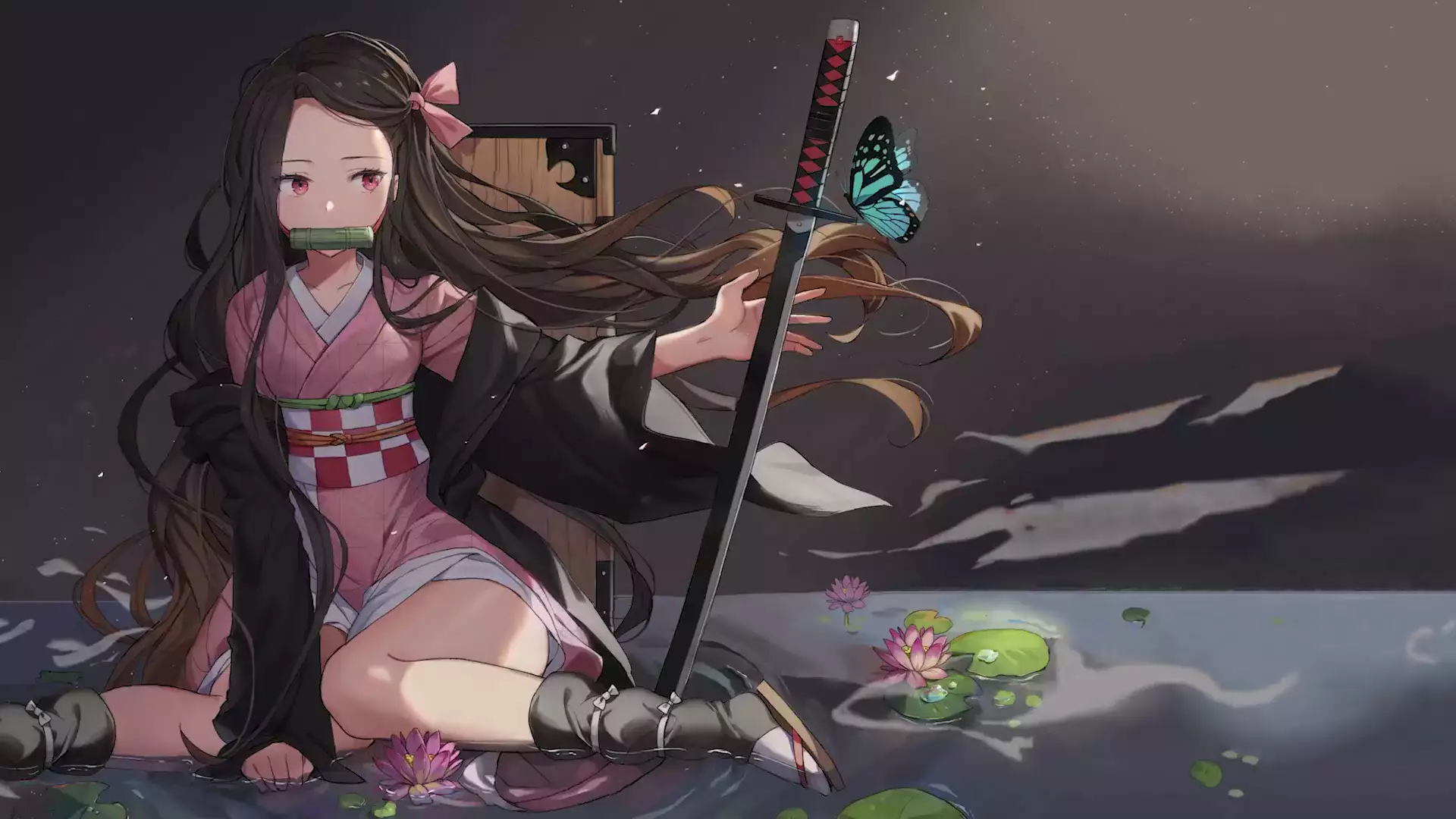 katana, butterfly, anime, demon slayer, flowers, arts, nezuko kamado, water lilies, anime girls, water, the lotus Live Wallpaper