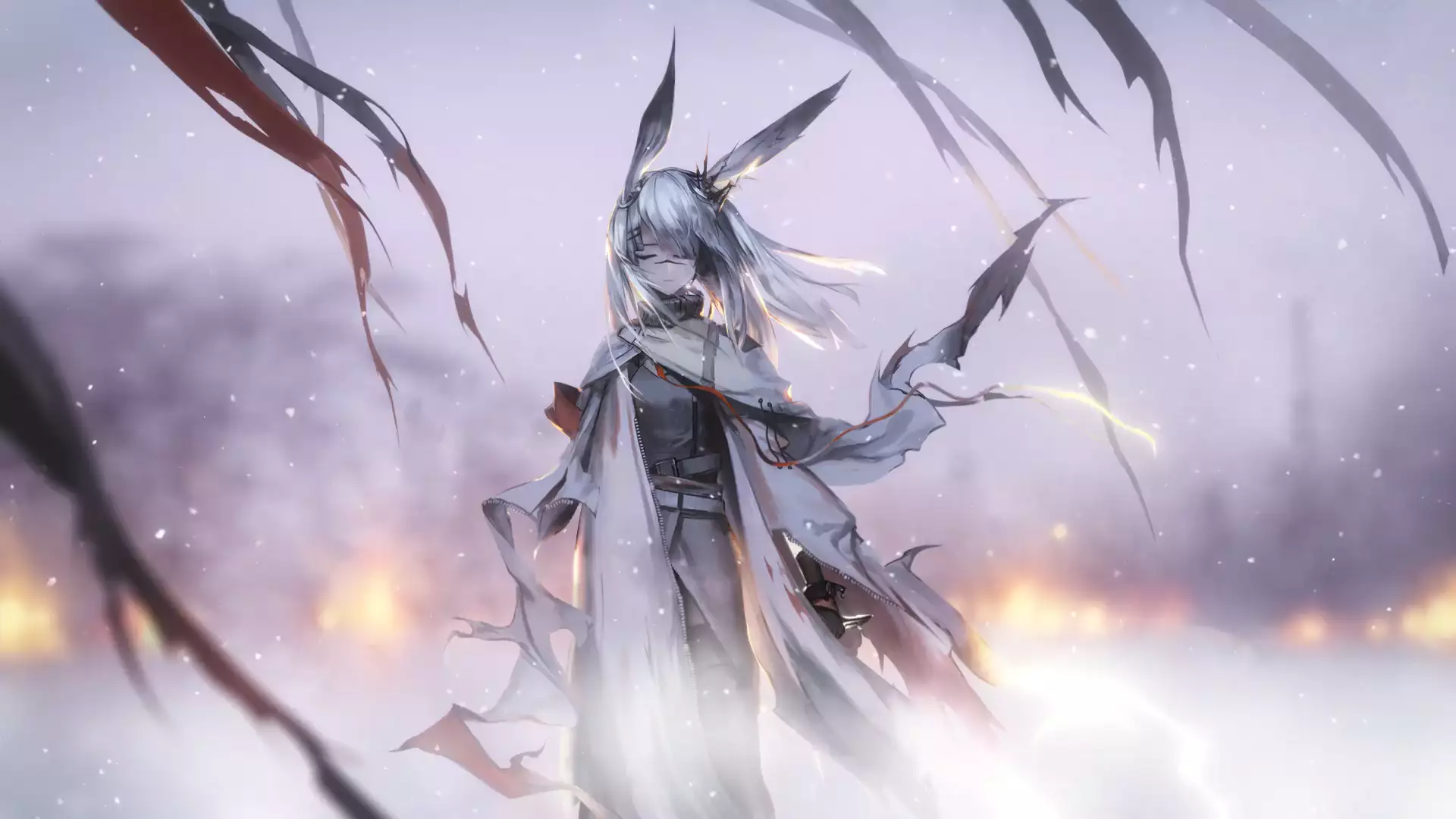 games, anime girls, anime, arts, winter, knife, snow, ears, frostnova, arknights Live Wallpaper