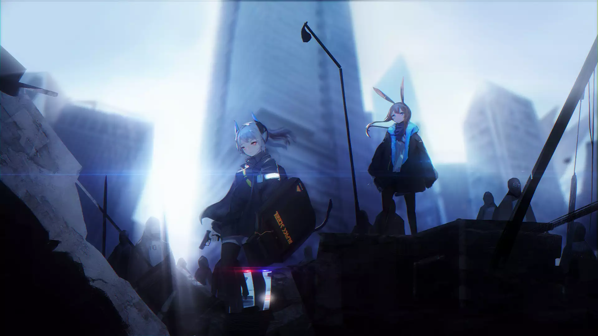 arknights, liskarm, amiya, ruins, evening, arts, ears, anime, games, anime girls, tail, drone, cities, helicopter, shild, weapon Live Wallpaper