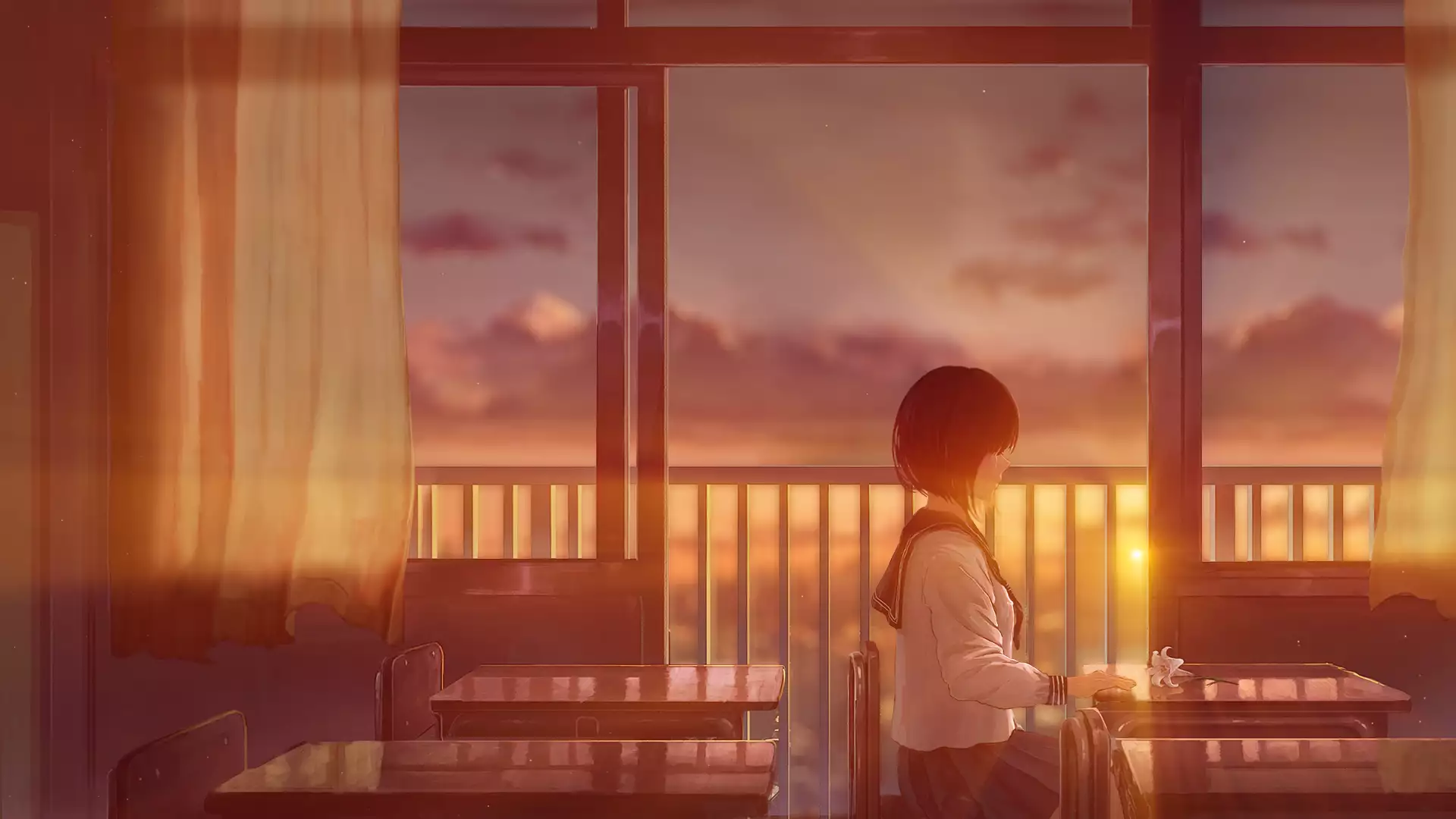 sunset, school uniform, school, arts, desk, flower, anime girls, evening, anime Live Wallpaper