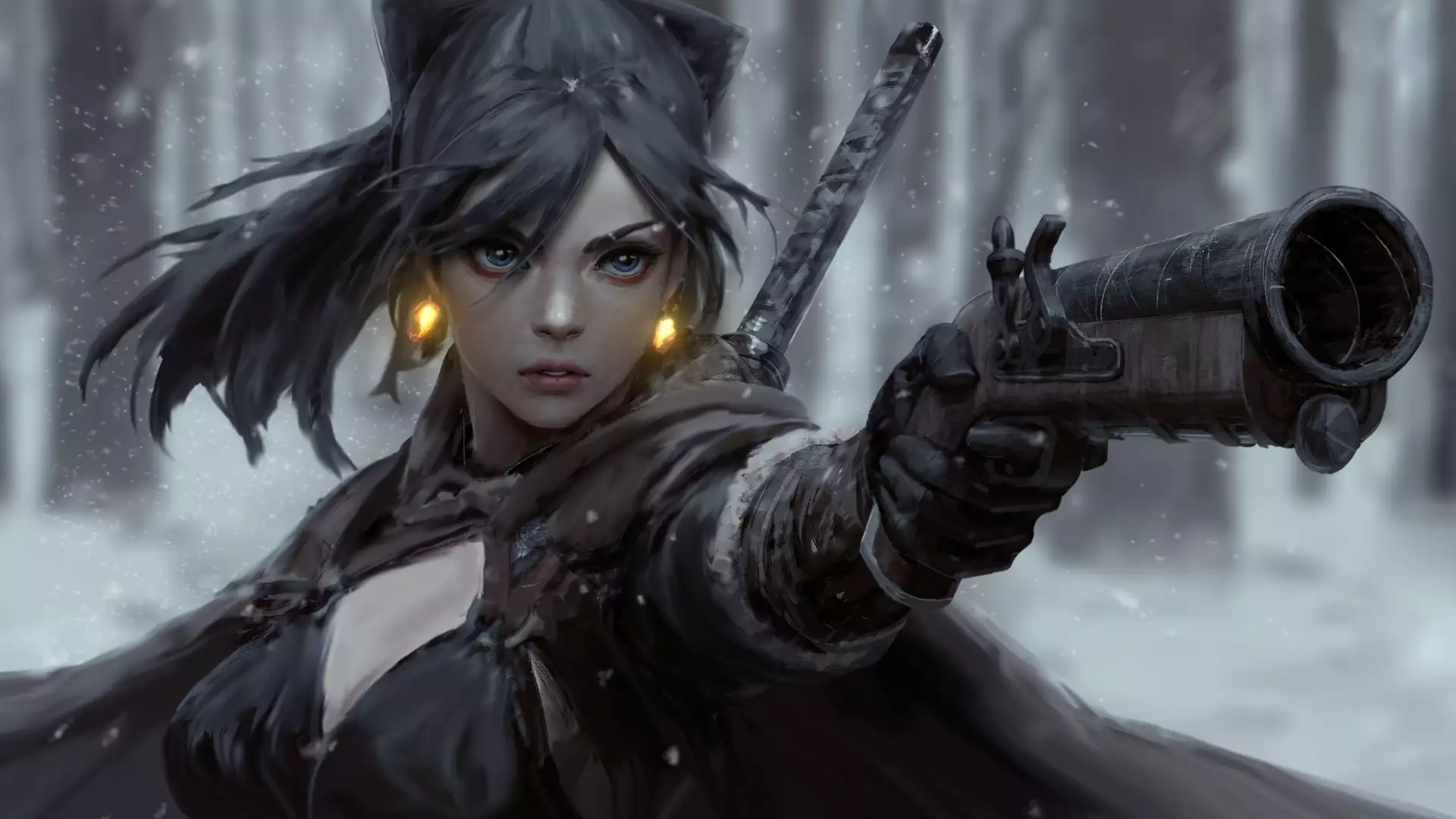 arts, anime girls, guweiz, weapon, sword, winter, the huntress, snow, anime, katana Live Wallpaper
