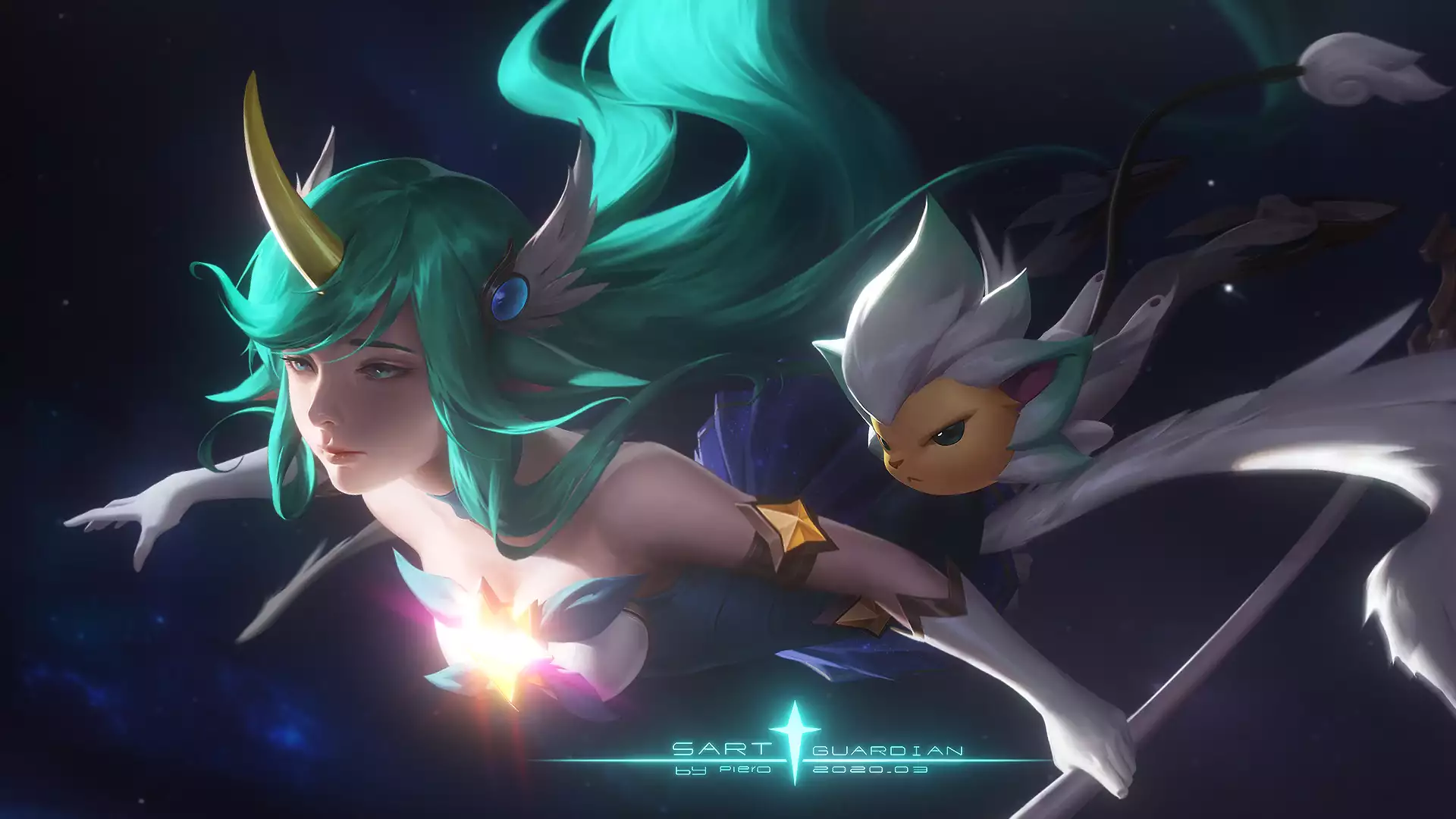 star child, horns, anime, staff, soraka, arts, comet, space, universe, wings, league of legends, anime girls, lol, galaxy, games, star defender Live Wallpaper
