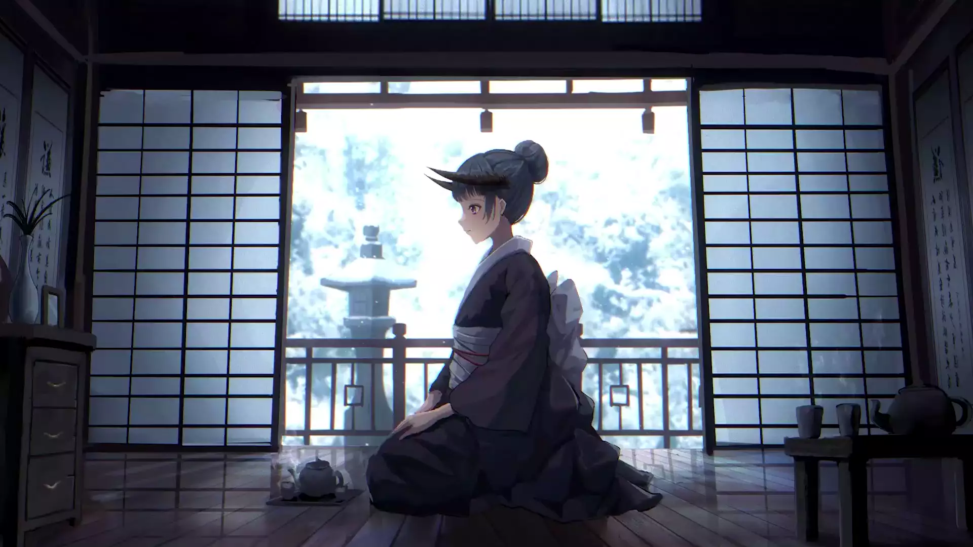 snow, winter, yukata, seasons, horns, arts, anime girls, japanese style, anime Live Wallpaper