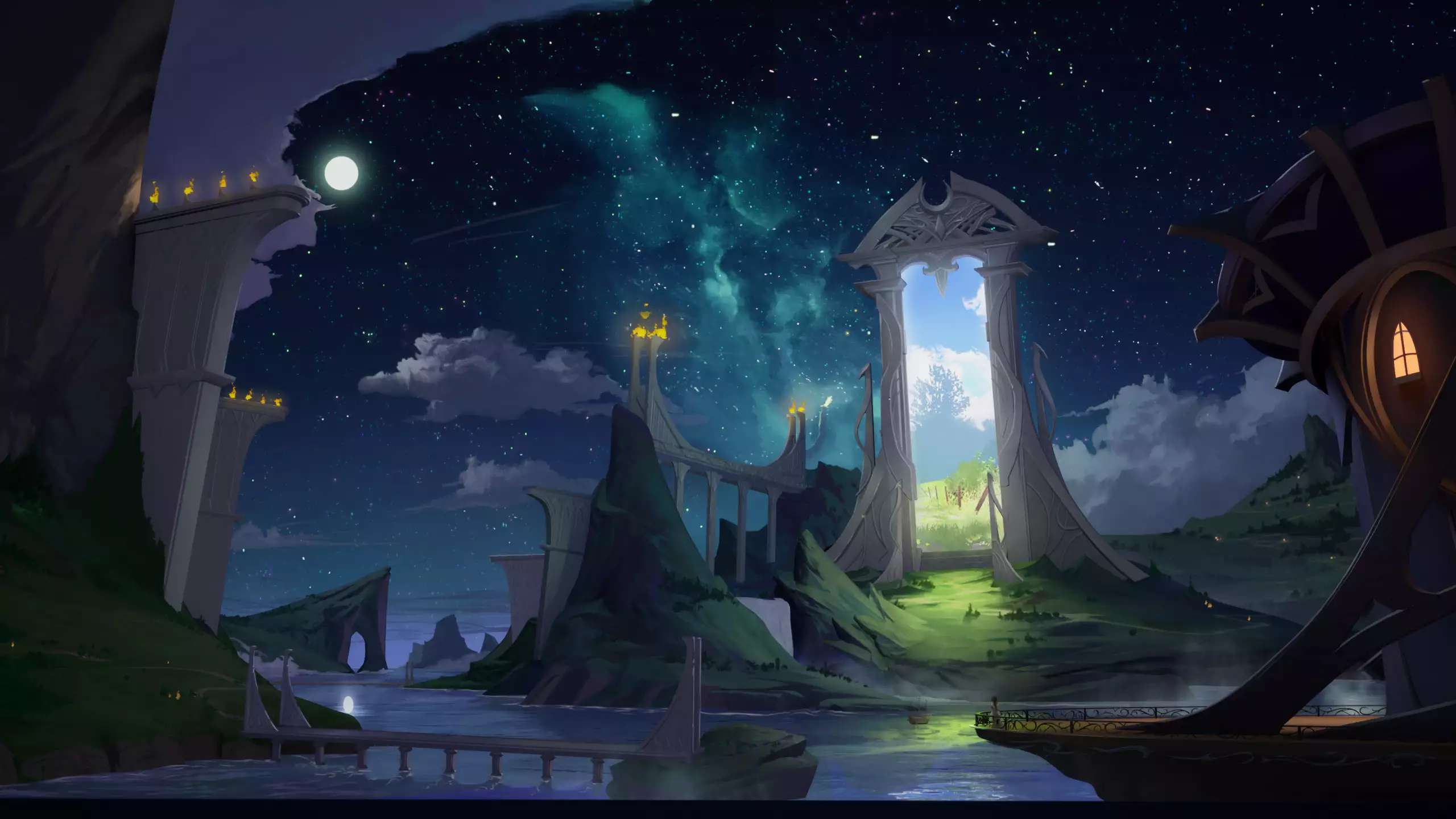 the door, night, portal, seasons, sky, night sky, arts, landscapes - nature, stars, starry sky, white door Live Wallpaper