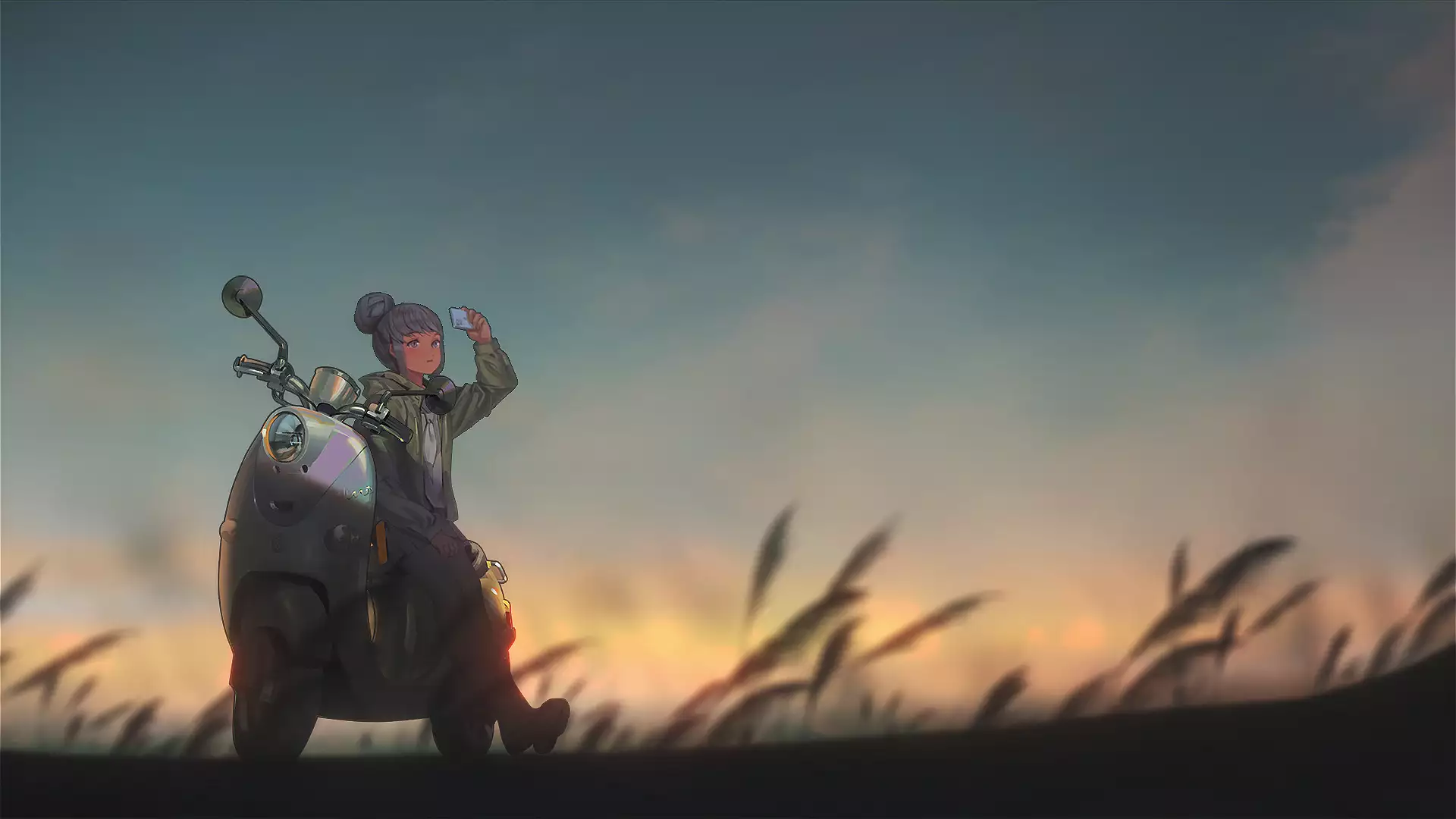 arts, anime, moped, sunset, landscapes - nature, evening, photo camera, anime girls, rin shima, outdoor camp Live Wallpaper