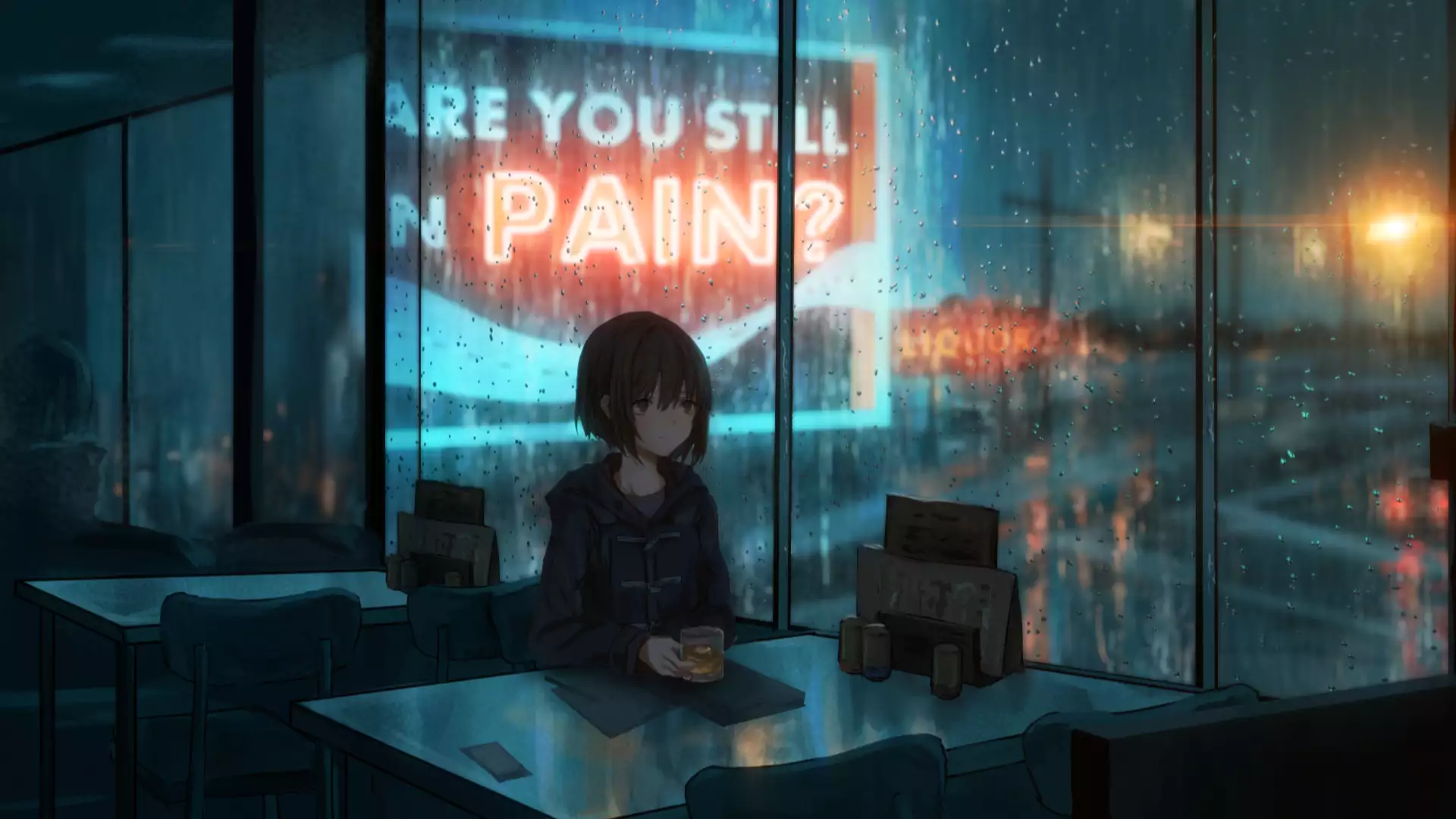 whiskey, by the window, anime, coffee house, anime girls, cities, the city from the window, evening, the city at night, arts, coffee table Live Wallpaper