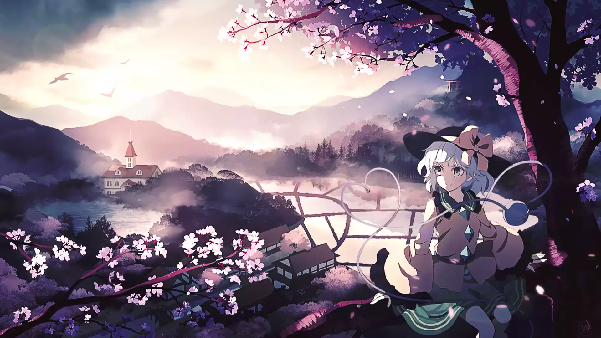 anime seller x toho, forest, night, koishi komeiji, arts, sakura, petals, evening, anime girls, landscapes - nature, lake, mountains, anime Live Wallpaper