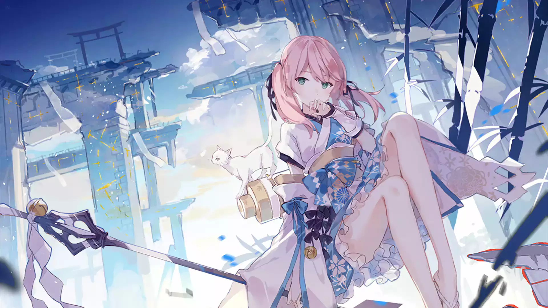 arts, anime girls, nice girl, staff, anime, spear, cat, beautiful girl, ruins Live Wallpaper
