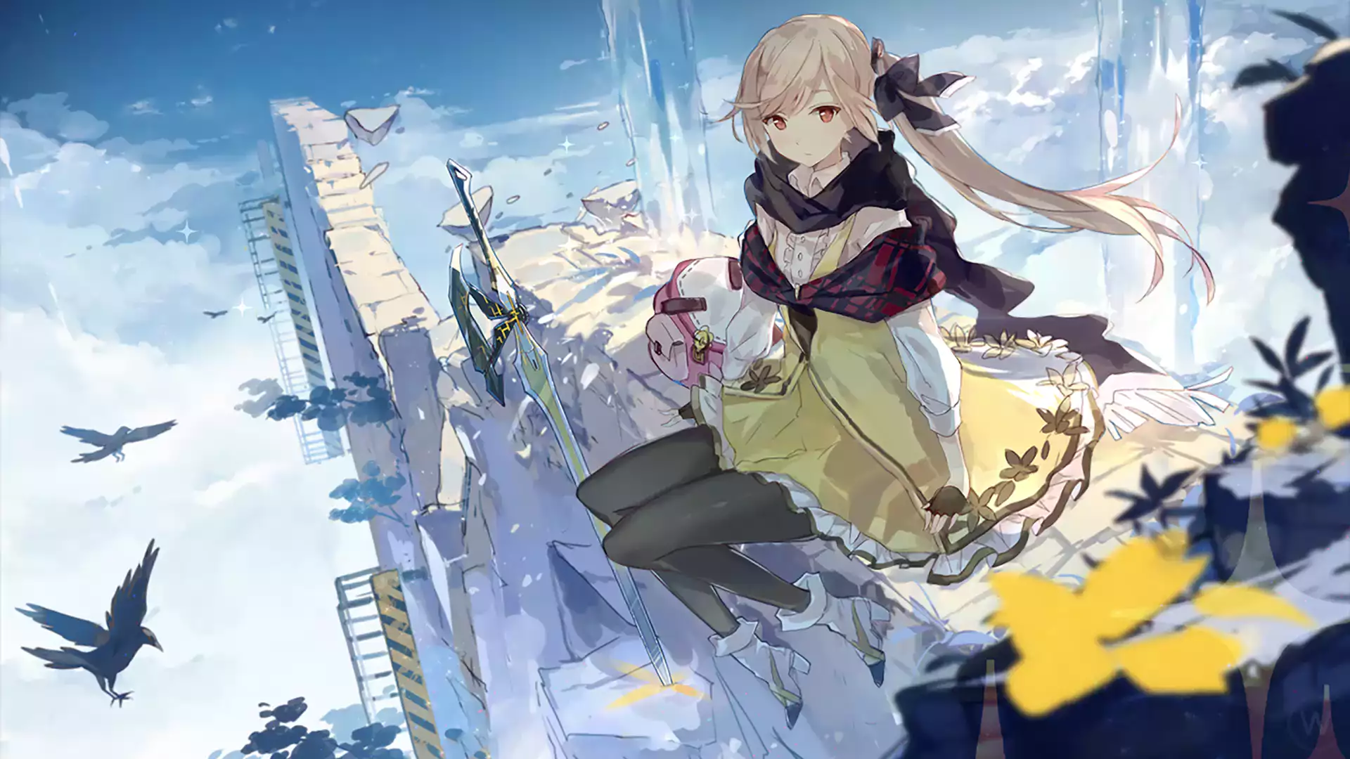 nice girl, anime girls, fantasy, water, anime, bird, sword, sky, arts Live Wallpaper
