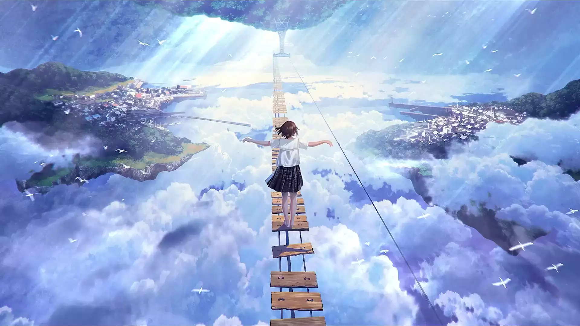 flying island, anime girls, the clouds, arts, school uniform, anime, skirt, sky Live Wallpaper