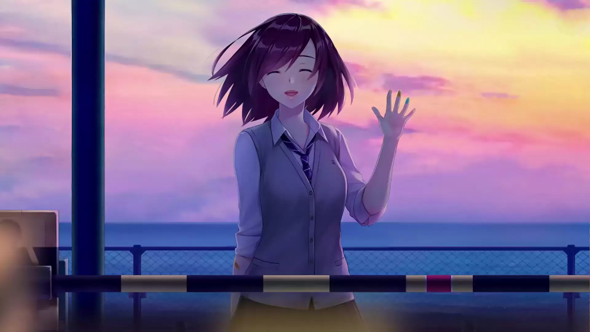 anime, arts, araya touka, anime girls, sunset, tsuki no kanata de aimashou, nice girl, see you on the other side of the moon, smile, school uniform, games Live Wallpaper
