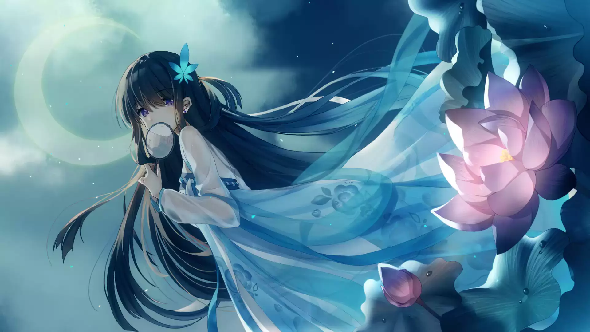 anime girls, arts, the lotus, flowers, moon, anime, evening Live Wallpaper